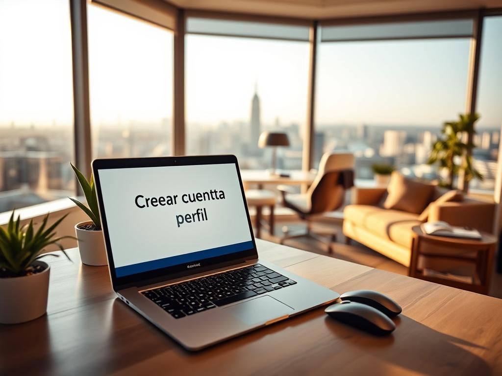 Prompt A serene, well-lit office scene with a warm, inviting atmosphere. In the foreground, a modern laptop displays a clean, minimalist interface with the text "Crear cuenta perfil" prominently featured. The desk is neatly organized, with a potted plant and a sleek, stylish mouse and keyboard. The middle ground features a comfortable office chair and a cozy reading nook, hinting at a productive yet relaxed work environment. The background showcases large windows overlooking a picturesque cityscape, bathed in golden afternoon light. The overall impression is one of efficiency, professionalism, and attention to detail, perfectly suited for illustrating the "Primeros pasos: crear cuenta, configurar perfil y sentar las bases" section of the article.