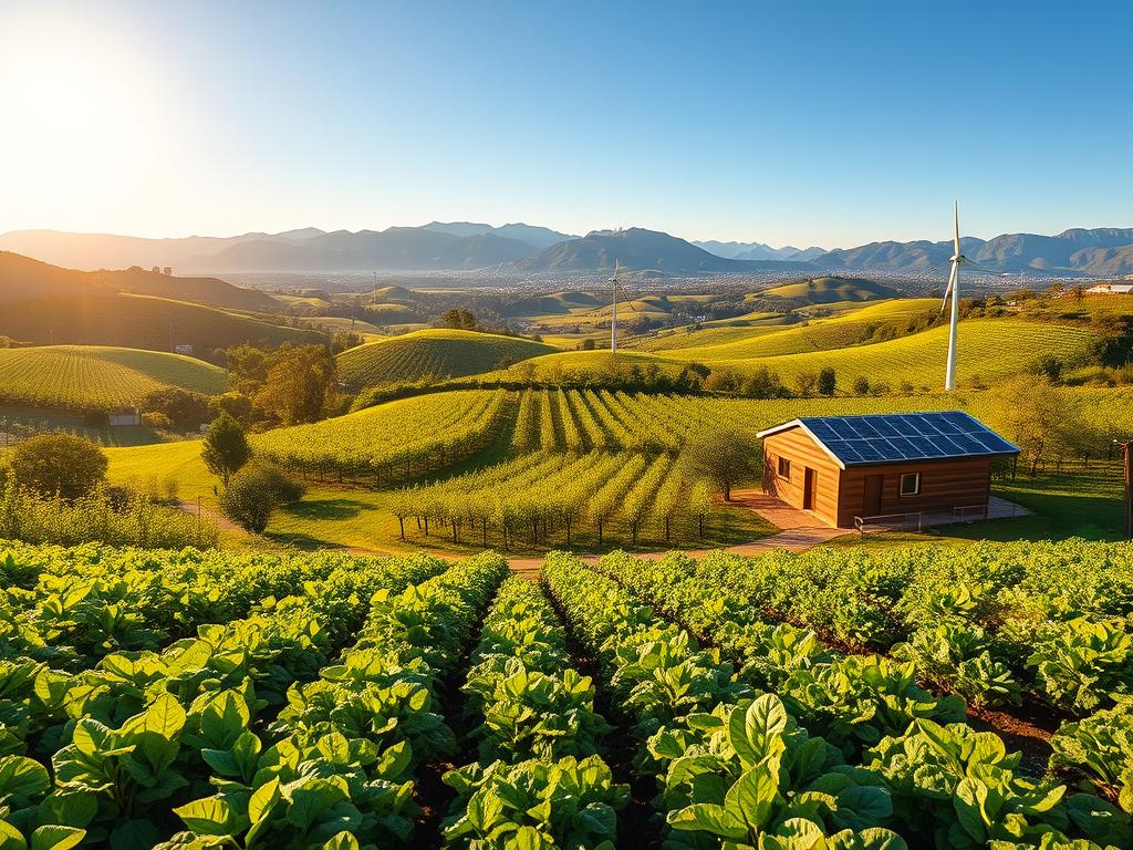 Tendencias en agricultura sostenible: a lush, verdant landscape with rolling hills, flourishing crops, and a harmonious blend of modern and traditional farming techniques. In the foreground, rows of diverse, healthy vegetables and fruits thrive under the warm, golden glow of the sun. Midground features a small, eco-friendly farm building with solar panels and a wind turbine, surrounded by vibrant, sustainable orchards. The background showcases a panoramic view of the region, with towering mountains in the distance and a clear, blue sky overhead. The overall scene conveys a sense of environmental balance, technological innovation, and a commitment to responsible, regenerative agriculture. Tendencias en agricultura sostenible: a lush, verdant landscape with rolling hills, flourishing crops, and a harmonious blend of modern and traditional farming techniques. In the foreground, rows of diverse, healthy vegetables and fruits thrive under the warm, golden glow of the sun. Midground features a small, eco-friendly farm building with solar panels and a wind turbine, surrounded by vibrant, sustainable orchards. The background showcases a panoramic view of the region, with towering mountains in the distance and a clear, blue sky overhead. The overall scene conveys a sense of environmental balance, technological innovation, and a commitment to responsible, regenerative agriculture.