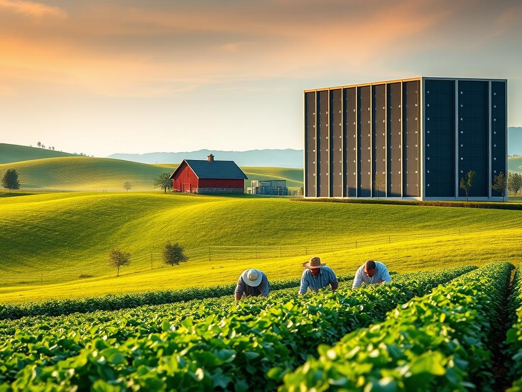 a lush green countryside landscape, with rolling hills and a rustic barn in the middle distance. In the foreground, a group of farmers tending to their crops, their faces lit by a warm afternoon sun. In the background, a large data center building, its sleek architecture and glowing lights a stark contrast to the pastoral scene. The data center represents the secure storage and management of the farmers' agricultural data, protecting their valuable information and ensuring the continued productivity of their land. The overall atmosphere is one of harmony between traditional farming methods and modern data technology, working in tandem to support a thriving agricultural community.