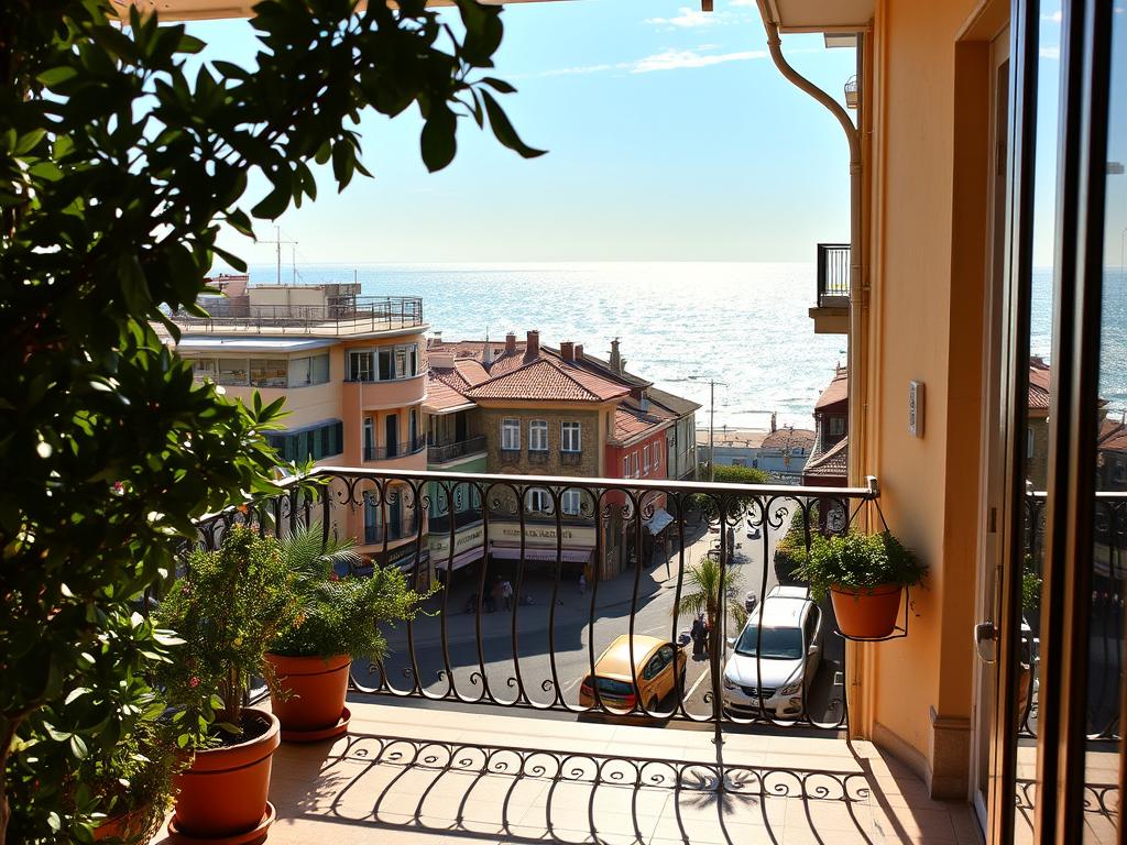 A balcony overlooking the bustling Mar del Plata street, framed by wrought-iron railings and lush potted plants. In the foreground, sunlight dances across the tiled floor, inviting visitors to step out and enjoy the salty ocean breeze. The middle ground features colorful buildings, their facades adorned with intricate architectural details, creating a vibrant, picturesque scene. In the distance, the horizon is dominated by the shimmering blue expanse of the Atlantic Ocean, its gentle waves lapping against the shore. The lighting is soft and warm, casting a golden glow over the entire composition, evoking a sense of comfort and relaxation. The overall mood is one of tranquility and Mediterranean charm, perfectly capturing the essence of a cozy, seaside apartment rental.