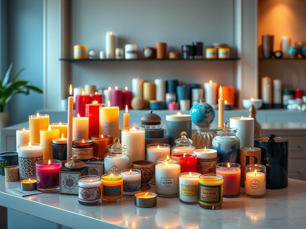 A beautifully curated display of artisanal candles, showcasing a vibrant array of colors, intricate designs, and captivating aromas. The foreground features a sleek, modern table adorned with a meticulously arranged collection of candles in various shapes and sizes, their flickering flames casting a warm, inviting glow. The middle ground reveals an elegant backdrop, perhaps a wall or shelving unit, highlighting the candles' diverse offerings, ranging from classic tapers to innovative specialty editions. The overall atmosphere exudes a sense of craftsmanship, attention to detail, and the allure of handmade products, inviting the viewer to explore and experience the artistry of these artisanal candles. A beautifully curated display of artisanal candles, showcasing a vibrant array of colors, intricate designs, and captivating aromas. The foreground features a sleek, modern table adorned with a meticulously arranged collection of candles in various shapes and sizes, their flickering flames casting a warm, inviting glow. The middle ground reveals an elegant backdrop, perhaps a wall or shelving unit, highlighting the candles' diverse offerings, ranging from classic tapers to innovative specialty editions. The overall atmosphere exudes a sense of craftsmanship, attention to detail, and the allure of handmade products, inviting the viewer to explore and experience the artistry of these artisanal candles.