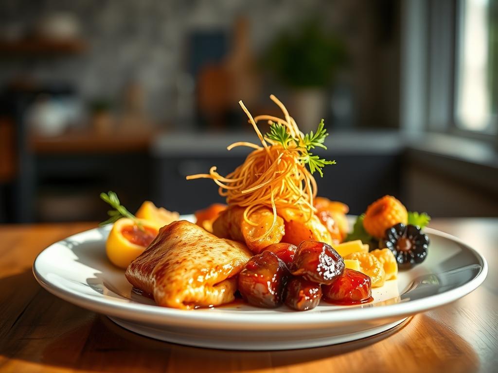 A beautifully lit, high-resolution photograph of a gourmet meal, capturing the mouthwatering details and textures of the food. The plate is artfully arranged with an elegant composition, showcasing the dish's intricate presentation. Soft, natural lighting casts a warm, inviting glow, accentuating the vibrant colors and glossy finishes. The camera angle is slightly elevated, providing a clear, unobstructed view that draws the viewer's attention to the culinary masterpiece. The background is subtly blurred, keeping the focus on the exquisite plating. The overall mood is one of sophistication and appetite-inducing allure, perfectly reflecting the artistry of homemade cuisine. A beautifully lit, high-resolution photograph of a gourmet meal, capturing the mouthwatering details and textures of the food. The plate is artfully arranged with an elegant composition, showcasing the dish's intricate presentation. Soft, natural lighting casts a warm, inviting glow, accentuating the vibrant colors and glossy finishes. The camera angle is slightly elevated, providing a clear, unobstructed view that draws the viewer's attention to the culinary masterpiece. The background is subtly blurred, keeping the focus on the exquisite plating. The overall mood is one of sophistication and appetite-inducing allure, perfectly reflecting the artistry of homemade cuisine.