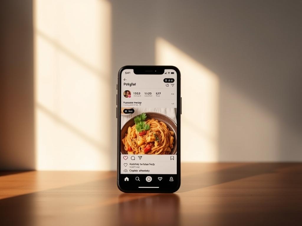 A beautifully lit, visually appealing Instagram profile mockup showcasing a modern, minimalist design. The profile picture prominently features a high-quality, appetizing image of a home-cooked meal, drawing the viewer's attention. In the background, a clean, white-toned interface with simple yet elegant typography highlights key profile details like the business name, a brief description, and essential contact information. The overall composition exudes a sense of professionalism, approachability, and an emphasis on the quality of the homemade food being offered. Warm, natural lighting casts subtle shadows, creating depth and dimension. The image conveys a welcoming, visually compelling digital presence for a home-based food business on Instagram. A beautifully lit, visually appealing Instagram profile mockup showcasing a modern, minimalist design. The profile picture prominently features a high-quality, appetizing image of a home-cooked meal, drawing the viewer's attention. In the background, a clean, white-toned interface with simple yet elegant typography highlights key profile details like the business name, a brief description, and essential contact information. The overall composition exudes a sense of professionalism, approachability, and an emphasis on the quality of the homemade food being offered. Warm, natural lighting casts subtle shadows, creating depth and dimension. The image conveys a welcoming, visually compelling digital presence for a home-based food business on Instagram.