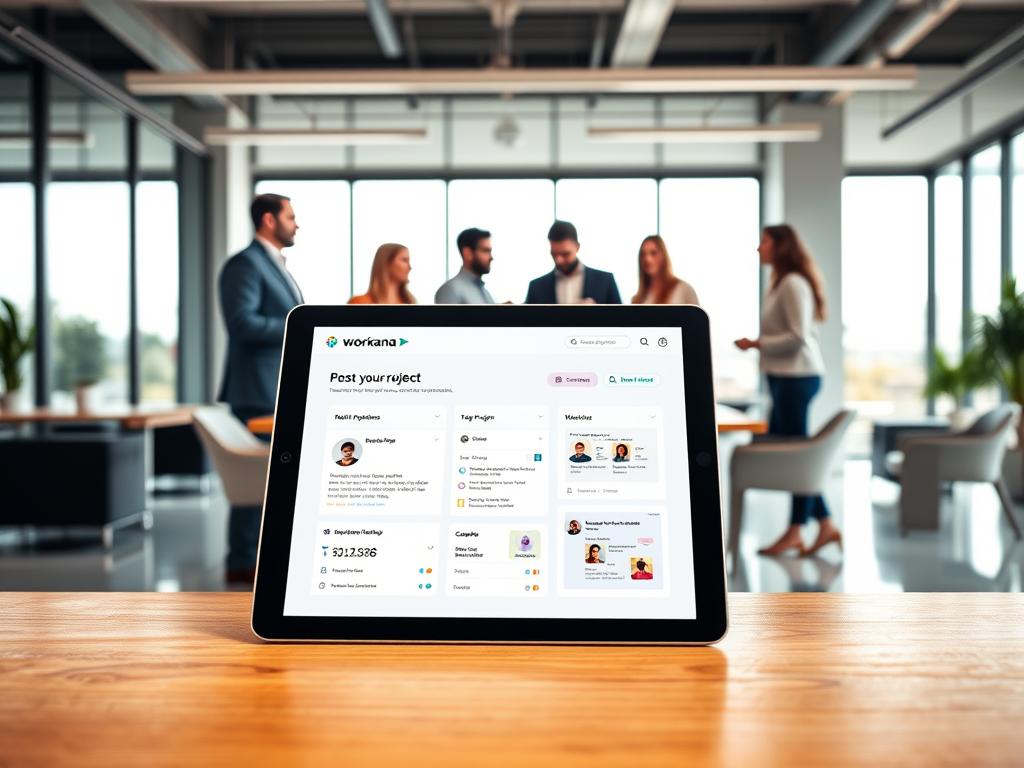 A bright, modern office setting with a team of professionals collaborating on a digital platform. In the foreground, a tablet or laptop screen displays the Workana platform's user interface, showcasing the process of posting a project and hiring freelancers. The middle ground features a group of diverse, engaged team members discussing ideas and coordinating tasks. The background is filled with sleek, minimalist office furnishings and large windows allowing natural light to flood the space, creating an atmosphere of productivity and efficiency. The lighting is soft and even, highlighting the collaborative nature of the scene. The overall mood is one of professionalism, technology-driven workflow, and a sense of accomplishment in completing a project through the Workana platform. A bright, modern office setting with a team of professionals collaborating on a digital platform. In the foreground, a tablet or laptop screen displays the Workana platform's user interface, showcasing the process of posting a project and hiring freelancers. The middle ground features a group of diverse, engaged team members discussing ideas and coordinating tasks. The background is filled with sleek, minimalist office furnishings and large windows allowing natural light to flood the space, creating an atmosphere of productivity and efficiency. The lighting is soft and even, highlighting the collaborative nature of the scene. The overall mood is one of professionalism, technology-driven workflow, and a sense of accomplishment in completing a project through the Workana platform.