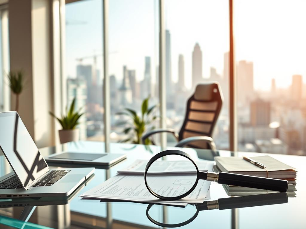 A bright, modern office space with a large window overlooking a bustling city skyline. In the foreground, a sleek glass-topped desk with a laptop, smartphone, and other office supplies. On the desk, a magnifying glass is positioned over various documents and papers, symbolizing the search and research process. The middle ground features a comfortable ergonomic office chair and a potted plant, adding a touch of nature. The background showcases the cityscape, with skyscrapers and cranes in the distance, conveying a sense of growth, opportunity, and the dynamic nature of the digital marketing industry. The lighting is warm and natural, creating a productive and focused atmosphere. A bright, modern office space with a large window overlooking a bustling city skyline. In the foreground, a sleek glass-topped desk with a laptop, smartphone, and other office supplies. On the desk, a magnifying glass is positioned over various documents and papers, symbolizing the search and research process. The middle ground features a comfortable ergonomic office chair and a potted plant, adding a touch of nature. The background showcases the cityscape, with skyscrapers and cranes in the distance, conveying a sense of growth, opportunity, and the dynamic nature of the digital marketing industry. The lighting is warm and natural, creating a productive and focused atmosphere.