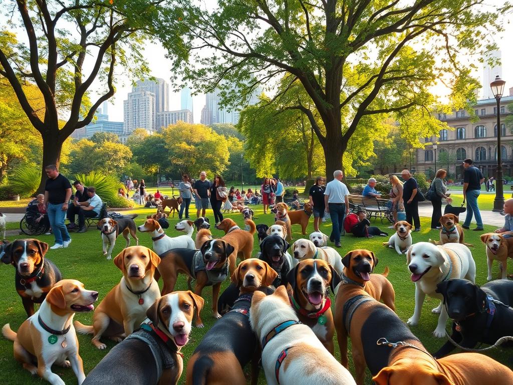 A bustling community of registered dogs relaxing in a serene urban park, surrounded by lush greenery and vibrant foliage. In the foreground, a group of well-groomed canines of various breeds and sizes playfully interacting, their collars displaying official registration tags. The middle ground features a mix of attentive owners and passers-by, creating a sense of a thriving local ecosystem. The background showcases the city skyline, with modern high-rises and historic architecture blending harmoniously. Warm, natural lighting filters through the trees, casting a soft, welcoming glow over the entire scene. The overall atmosphere conveys a sense of community, well-being, and responsible pet ownership. A bustling community of registered dogs relaxing in a serene urban park, surrounded by lush greenery and vibrant foliage. In the foreground, a group of well-groomed canines of various breeds and sizes playfully interacting, their collars displaying official registration tags. The middle ground features a mix of attentive owners and passers-by, creating a sense of a thriving local ecosystem. The background showcases the city skyline, with modern high-rises and historic architecture blending harmoniously. Warm, natural lighting filters through the trees, casting a soft, welcoming glow over the entire scene. The overall atmosphere conveys a sense of community, well-being, and responsible pet ownership.