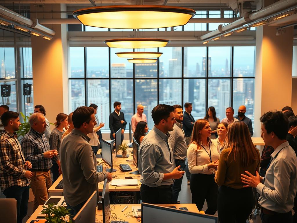 A bustling modern office setting, illuminated by warm overhead lighting and large windows that flood the space with natural light. In the foreground, a diverse group of professionals engage in lively discussion, their body language and facial expressions conveying the dynamic nature of effective communication. The middle ground features desks and workstations, with various digital devices and screens, symbolizing the technological aspects of business communication. In the background, a vibrant cityscape is visible through the windows, suggesting the global and interconnected nature of today's corporate world. The overall atmosphere is one of productivity, collaboration, and the power of clear and effective communication to drive business success. A bustling modern office setting, illuminated by warm overhead lighting and large windows that flood the space with natural light. In the foreground, a diverse group of professionals engage in lively discussion, their body language and facial expressions conveying the dynamic nature of effective communication. The middle ground features desks and workstations, with various digital devices and screens, symbolizing the technological aspects of business communication. In the background, a vibrant cityscape is visible through the windows, suggesting the global and interconnected nature of today's corporate world. The overall atmosphere is one of productivity, collaboration, and the power of clear and effective communication to drive business success.