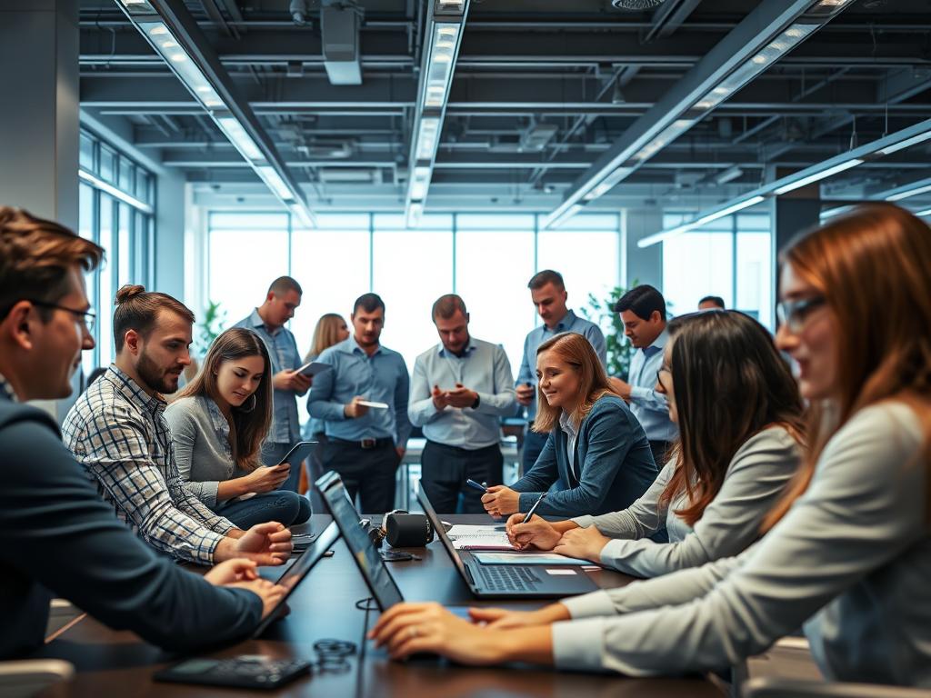 A bustling office scene with a group of people engaged in user testing activities. The foreground features a usability lab setup, with participants interacting with various digital devices and interfaces, their expressions thoughtful and focused. In the middle ground, a team of observers and researchers examines the testing process, taking notes and discussing their findings. The background showcases a modern, well-lit workspace, with sleek furniture and equipment, conveying a sense of professionalism and attention to detail. The overall atmosphere is one of collaborative exploration, as the team works together to uncover insights and optimize the user experience. A bustling office scene with a group of people engaged in user testing activities. The foreground features a usability lab setup, with participants interacting with various digital devices and interfaces, their expressions thoughtful and focused. In the middle ground, a team of observers and researchers examines the testing process, taking notes and discussing their findings. The background showcases a modern, well-lit workspace, with sleek furniture and equipment, conveying a sense of professionalism and attention to detail. The overall atmosphere is one of collaborative exploration, as the team works together to uncover insights and optimize the user experience.