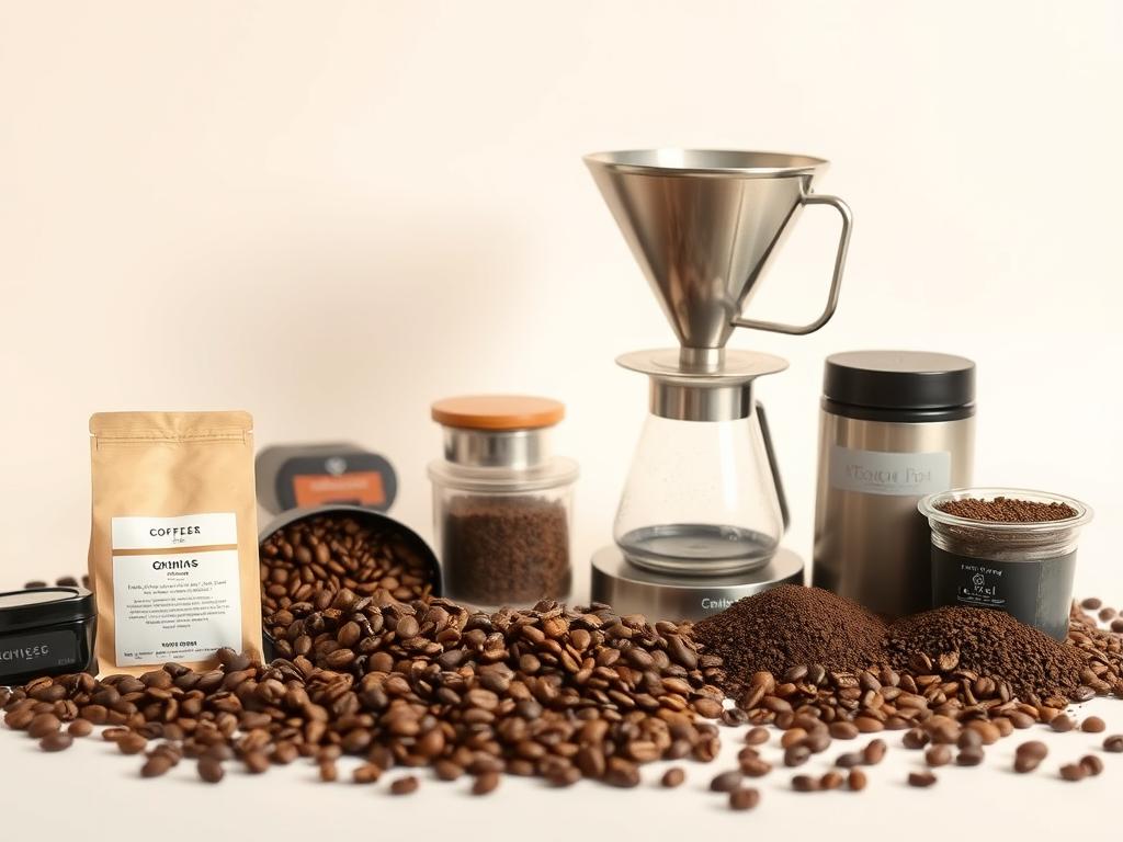 A carefully crafted still life arrangement showcasing an array of coffee beans, grinds, and brewing equipment against a clean, minimalist backdrop. The foreground features a variety of coffee bean varieties, each labeled with their origin and tasting notes, inviting the viewer to explore the diverse flavors. In the middle ground, a sleek, stainless steel scale sits alongside a pour-over brewing setup, hinting at the precision and care taken in the coffee-making process. The background is a soft, neutral tone, allowing the coffee-related items to take center stage and emphasize the clarity and simplicity of the purchasing experience. Soft, diffused lighting from an unseen source casts gentle shadows, creating depth and a sense of warmth. The overall tone is one of quality, transparency, and an attention to detail that speaks to the artisanal nature of the coffee and the purchasing journey. A carefully crafted still life arrangement showcasing an array of coffee beans, grinds, and brewing equipment against a clean, minimalist backdrop. The foreground features a variety of coffee bean varieties, each labeled with their origin and tasting notes, inviting the viewer to explore the diverse flavors. In the middle ground, a sleek, stainless steel scale sits alongside a pour-over brewing setup, hinting at the precision and care taken in the coffee-making process. The background is a soft, neutral tone, allowing the coffee-related items to take center stage and emphasize the clarity and simplicity of the purchasing experience. Soft, diffused lighting from an unseen source casts gentle shadows, creating depth and a sense of warmth. The overall tone is one of quality, transparency, and an attention to detail that speaks to the artisanal nature of the coffee and the purchasing journey.