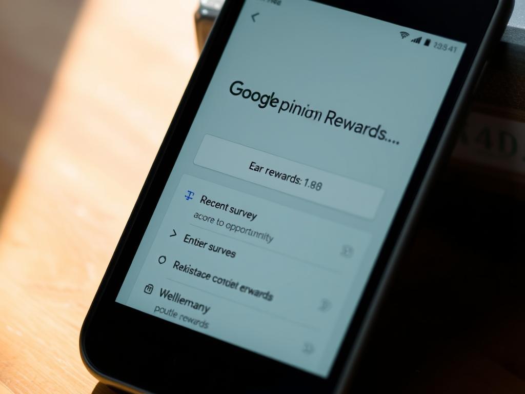 A close-up view of a smartphone screen displaying the Google Opinion Rewards app interface, with a prominent "Earn Rewards" button and a list of recent survey opportunities. The screen is illuminated by a warm, natural light, casting a soft glow on the device's surface. The background is blurred, creating a sense of depth and focus on the app's design elements. The overall composition conveys a sense of ease and simplicity, reflecting the user-friendly nature of the app and the potential for earning rewards through completing surveys. A close-up view of a smartphone screen displaying the Google Opinion Rewards app interface, with a prominent "Earn Rewards" button and a list of recent survey opportunities. The screen is illuminated by a warm, natural light, casting a soft glow on the device's surface. The background is blurred, creating a sense of depth and focus on the app's design elements. The overall composition conveys a sense of ease and simplicity, reflecting the user-friendly nature of the app and the potential for earning rewards through completing surveys.