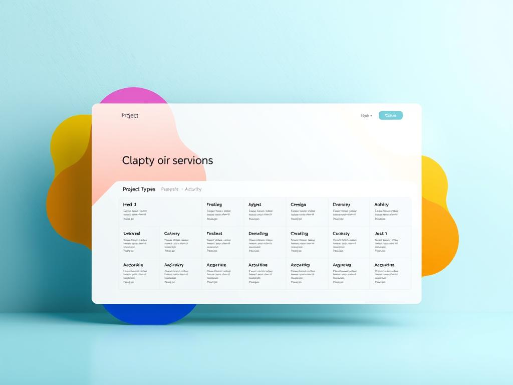 A contemporary, minimalist design layout with a clean, geometric aesthetic. In the foreground, a series of overlapping shapes and forms in a vibrant color palette, suggesting different categories of services. In the middle ground, a well-organized directory of project types, presented in a sleek, modular grid. The background features a subtle, textured pattern that complements the overall design, creating a sense of depth and visual interest. The lighting is soft and even, with a slightly cool tone that enhances the modern, professional feel. The composition is balanced and visually striking, inviting the viewer to explore the different services and project types on offer. A contemporary, minimalist design layout with a clean, geometric aesthetic. In the foreground, a series of overlapping shapes and forms in a vibrant color palette, suggesting different categories of services. In the middle ground, a well-organized directory of project types, presented in a sleek, modular grid. The background features a subtle, textured pattern that complements the overall design, creating a sense of depth and visual interest. The lighting is soft and even, with a slightly cool tone that enhances the modern, professional feel. The composition is balanced and visually striking, inviting the viewer to explore the different services and project types on offer.