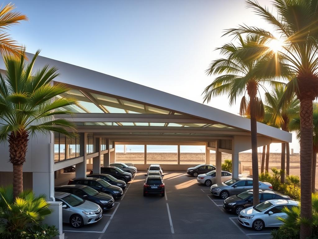A covered parking garage situated by the picturesque Mar del Plata coastline. The structure features a sleek, modern design with clean lines and glass paneling, allowing natural light to flood the interior. Vehicles are neatly organized within the well-lit, organized parking bays. The exterior showcases a neutral color palette, harmonizing with the seaside setting. Lush greenery and towering palm trees frame the scene, creating a tranquil, resort-like atmosphere. Warm, golden sunlight filters through, casting soft shadows and highlighting the refined architectural details. The overall impression is one of convenience, comfort, and a seamless integration with the surrounding coastal environment.