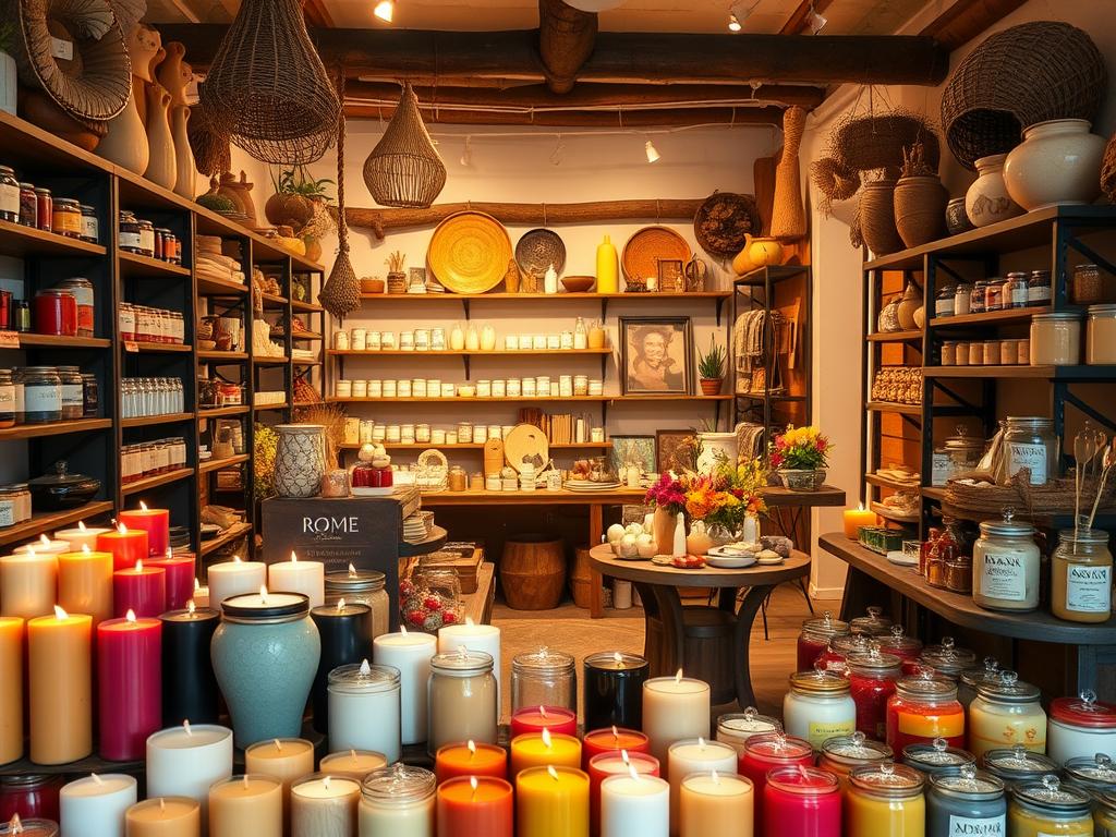 A cozy and inviting artisanal candle store in a charming Argentine neighborhood. In the foreground, a well-curated display of handcrafted candles in a variety of shapes, sizes, and vibrant colors, showcasing the store's diverse offerings. In the middle ground, shelves and tables feature additional candle products, along with complementary home decor items like ceramics and natural fiber accessories. The background reveals the store's rustic, warm lighting and earthy, wooden accents, creating an atmosphere of craftsmanship and authenticity. The overall scene conveys a sense of artisanal beauty, attention to detail, and a celebration of local, handmade products. A cozy and inviting artisanal candle store in a charming Argentine neighborhood. In the foreground, a well-curated display of handcrafted candles in a variety of shapes, sizes, and vibrant colors, showcasing the store's diverse offerings. In the middle ground, shelves and tables feature additional candle products, along with complementary home decor items like ceramics and natural fiber accessories. The background reveals the store's rustic, warm lighting and earthy, wooden accents, creating an atmosphere of craftsmanship and authenticity. The overall scene conveys a sense of artisanal beauty, attention to detail, and a celebration of local, handmade products.