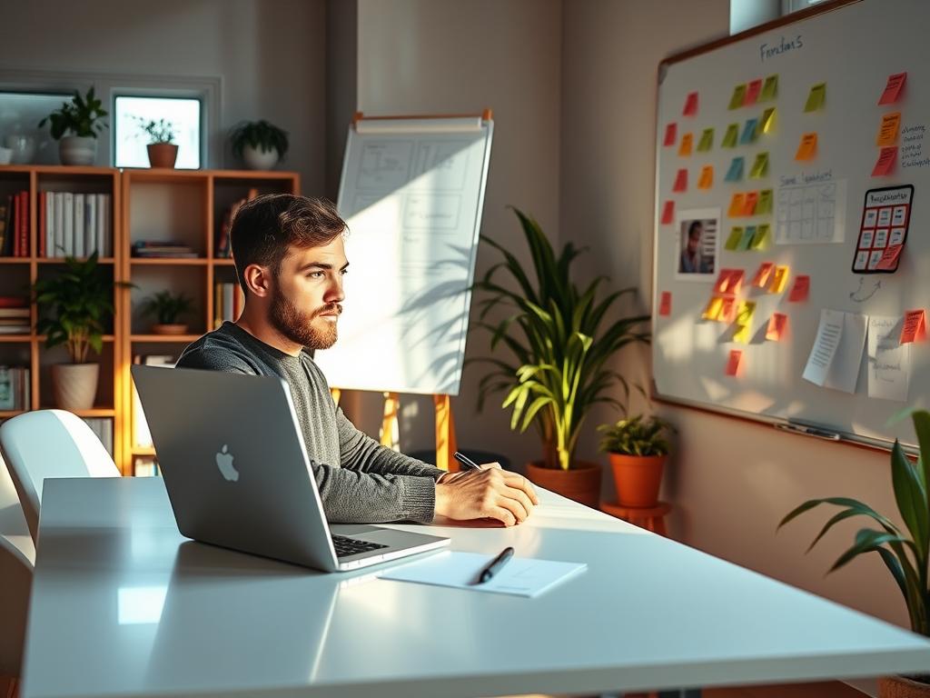 A cozy home office setup, bathed in warm, natural lighting. In the foreground, a user sits intently at a sleek, minimalist desk, interacting with a laptop. Their expression is focused, brow slightly furrowed, as they navigate an intuitive, user-friendly interface. The middle ground features a whiteboard adorned with wireframes, sketches, and sticky notes, capturing the iterative process of user testing. In the background, bookcases and potted plants create a sense of productivity and creativity. The atmosphere is serene, inviting, and conducive to productive, user-centered design. A cozy home office setup, bathed in warm, natural lighting. In the foreground, a user sits intently at a sleek, minimalist desk, interacting with a laptop. Their expression is focused, brow slightly furrowed, as they navigate an intuitive, user-friendly interface. The middle ground features a whiteboard adorned with wireframes, sketches, and sticky notes, capturing the iterative process of user testing. In the background, bookcases and potted plants create a sense of productivity and creativity. The atmosphere is serene, inviting, and conducive to productive, user-centered design.