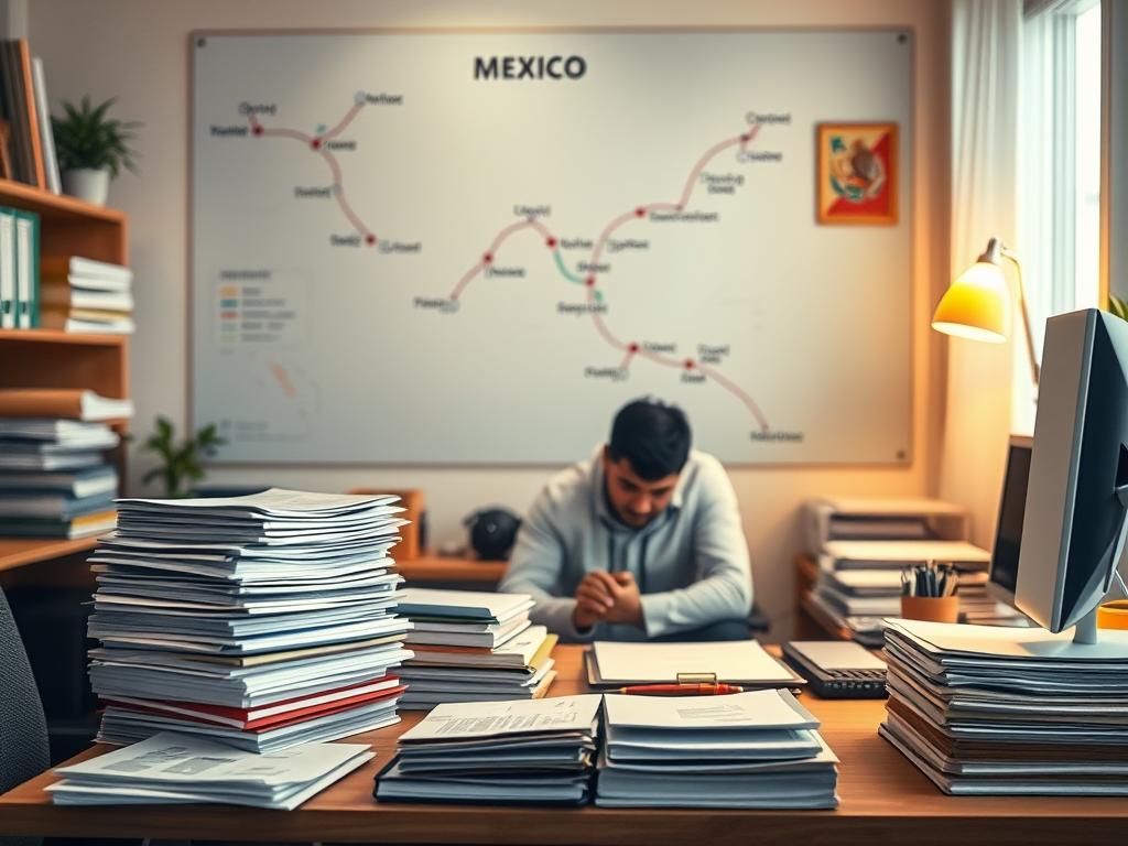 A cozy, well-lit office setting with a neatly organized desk, featuring stacks of papers, a computer, and office supplies. In the foreground, a person is seated, intently focused on their work. The background showcases a map of Mexico, highlighting various shipping routes and delivery timelines. Soft, warm lighting casts a gentle glow, creating a professional yet inviting atmosphere. The overall scene conveys a sense of efficiency, attention to detail, and a commitment to providing reliable shipping and delivery services across the country.