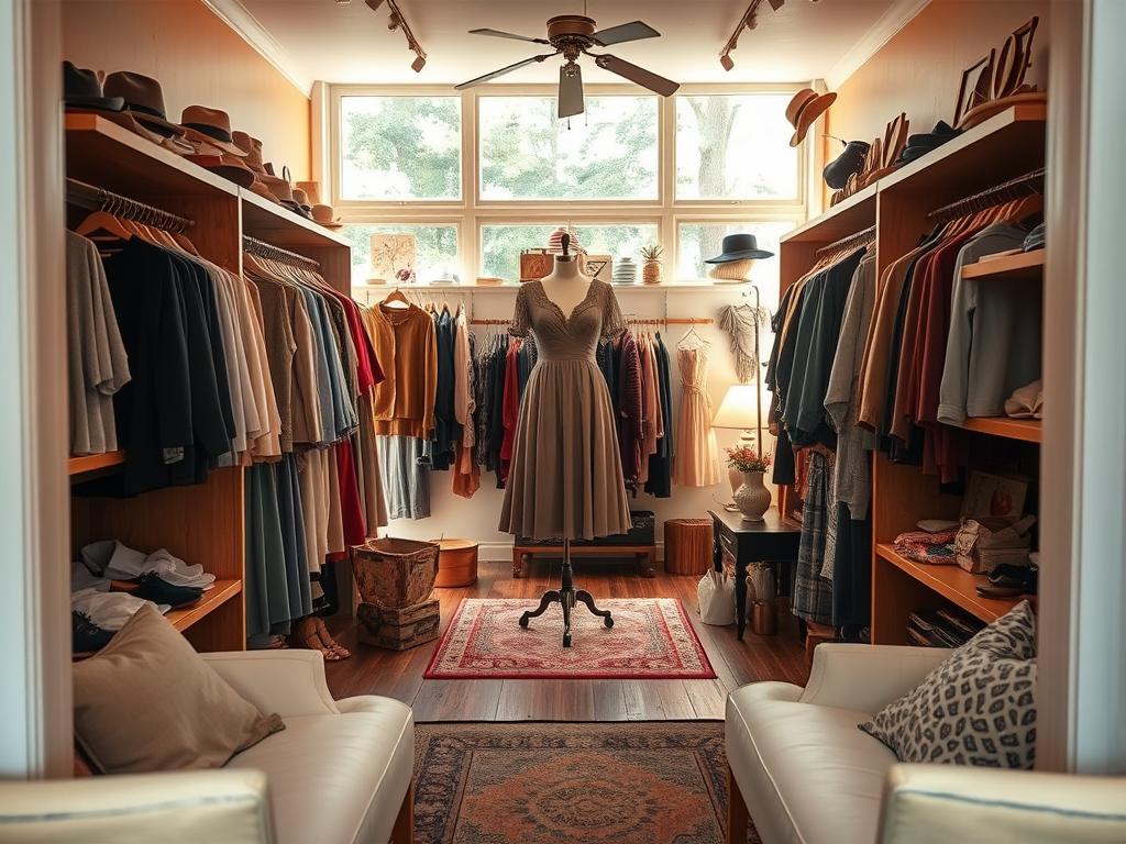 A cozy, well-organized Instagram "store" displaying a carefully curated collection of vintage clothing. The foreground features neatly arranged garments on wooden shelves, with a central focal point of a vintage dress on a mannequin. The middle ground showcases an elegant display of accessories like hats, scarves, and jewelry. The background depicts a warm, inviting space with natural lighting streaming in through large windows, complemented by subtle decor elements that evoke a vintage aesthetic. The overall mood is one of professionalism, attention to detail, and a passion for vintage fashion, conveying a visually appealing and optimized online shopping experience. A cozy, well-organized Instagram "store" displaying a carefully curated collection of vintage clothing. The foreground features neatly arranged garments on wooden shelves, with a central focal point of a vintage dress on a mannequin. The middle ground showcases an elegant display of accessories like hats, scarves, and jewelry. The background depicts a warm, inviting space with natural lighting streaming in through large windows, complemented by subtle decor elements that evoke a vintage aesthetic. The overall mood is one of professionalism, attention to detail, and a passion for vintage fashion, conveying a visually appealing and optimized online shopping experience.