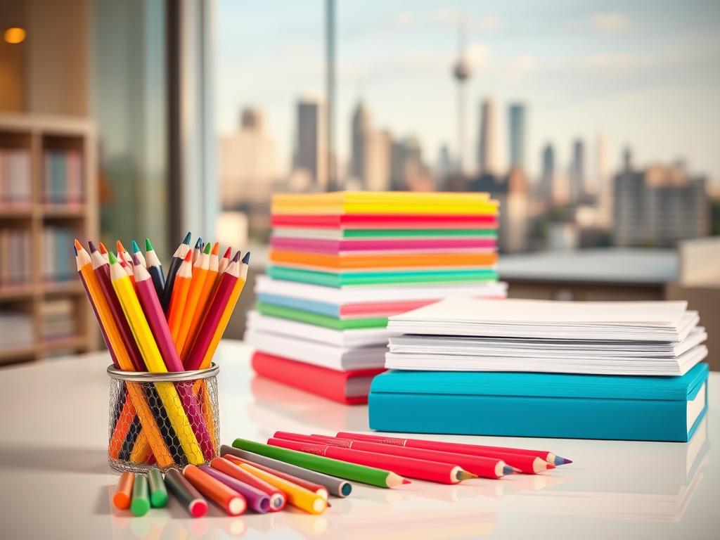 A crisp and clean composition showcasing an array of office and stationery supplies. In the foreground, a selection of colorful pens, pencils, and markers are arranged neatly on a sleek, modern desk. In the middle ground, a stack of pristine notepads and folders in various hues create a visually appealing display. The background features a softly blurred cityscape, hinting at the commercial nature of the scene. Warm, directional lighting casts subtle shadows, adding depth and dimension. The overall mood is professional, organized, and inviting, capturing the essence of a thriving stationery sales business.
