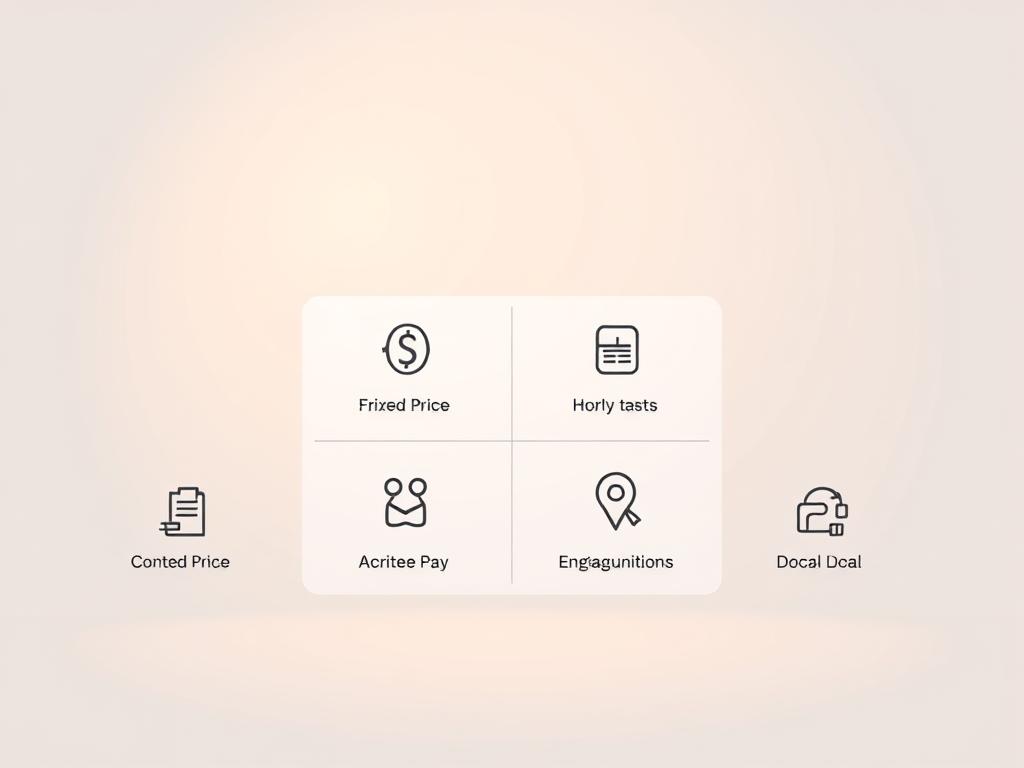 A crisp, clean and minimal illustration depicting the different pricing and engagement modalities for microtasks on a digital platform. The foreground shows four distinct icons or symbols representing fixed-price tasks, hourly-rate tasks, contest-based tasks, and local employment opportunities. The middle ground features a simple, elegant grid layout with clear spacing and alignment, conveying the organized and structured nature of the platform's offerings. The background is a neutral, muted color palette that allows the focal elements to stand out. The overall aesthetic is modern, professional and inviting, reflecting the sophisticated nature of the platform's services. Subtle lighting from the upper left casts a warm, soft glow across the composition. A crisp, clean and minimal illustration depicting the different pricing and engagement modalities for microtasks on a digital platform. The foreground shows four distinct icons or symbols representing fixed-price tasks, hourly-rate tasks, contest-based tasks, and local employment opportunities. The middle ground features a simple, elegant grid layout with clear spacing and alignment, conveying the organized and structured nature of the platform's offerings. The background is a neutral, muted color palette that allows the focal elements to stand out. The overall aesthetic is modern, professional and inviting, reflecting the sophisticated nature of the platform's services. Subtle lighting from the upper left casts a warm, soft glow across the composition.