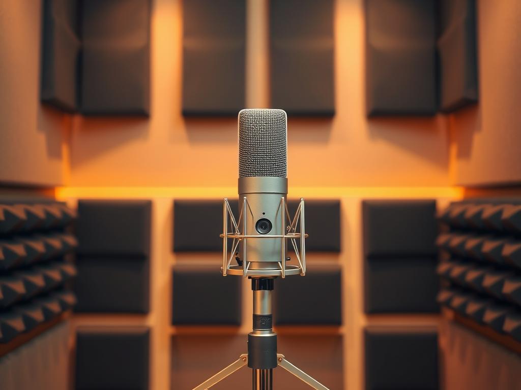 A crisp, high-resolution image of a professional audio recording setup, featuring a modern microphone on a sleek metal stand against a backdrop of sound-absorbing panels. The microphone is illuminated by warm, diffused lighting, creating a cozy, studio-like atmosphere. The composition emphasizes the simplicity and efficiency of the setup, conveying the idea of high-quality audio production without the need for expensive equipment. The focus is on the microphone and the minimalist, yet functional, design elements surrounding it, reflecting the "free software, quality audio" theme of the article section.