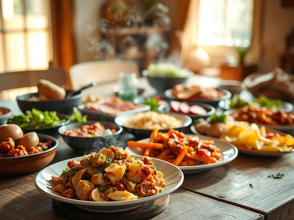 A delectable spread of homemade dishes captured in natural light, artfully arranged on a rustic wooden table. In the foreground, a steaming plate of sizzling comfort food, its aroma wafting through the air. In the middle ground, an array of vibrant, freshly-prepared dishes, each one a testament to the cook's skill and passion. The background features a warm, inviting setting, with hints of greenery and soft textures that create a welcoming atmosphere. The image conveys a sense of abundance, quality, and the joy of home-cooked meals, perfectly capturing the essence of the "Estrategia de contenido que abre el apetito" section. A delectable spread of homemade dishes captured in natural light, artfully arranged on a rustic wooden table. In the foreground, a steaming plate of sizzling comfort food, its aroma wafting through the air. In the middle ground, an array of vibrant, freshly-prepared dishes, each one a testament to the cook's skill and passion. The background features a warm, inviting setting, with hints of greenery and soft textures that create a welcoming atmosphere. The image conveys a sense of abundance, quality, and the joy of home-cooked meals, perfectly capturing the essence of the "Estrategia de contenido que abre el apetito" section.