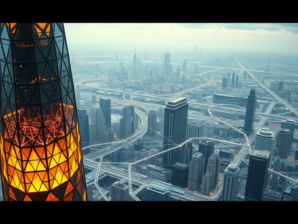 A detailed, architectural illustration of the Ethereum blockchain network. In the foreground, a towering blockchain transaction block with intricate geometric structures, glowing with a warm, ethereal light. In the middle ground, a complex web of interconnected nodes and distributed ledgers, rendered in sleek, metallic hues. The background depicts a sprawling, futuristic cityscape, its skyscrapers and infrastructure entwined with the blockchain's decentralized infrastructure. The overall scene conveys a sense of technological innovation, digital progress, and the transformative power of blockchain technology. Captured with a wide-angle lens, the image exudes a cinematic, ambitious mood. A detailed, architectural illustration of the Ethereum blockchain network. In the foreground, a towering blockchain transaction block with intricate geometric structures, glowing with a warm, ethereal light. In the middle ground, a complex web of interconnected nodes and distributed ledgers, rendered in sleek, metallic hues. The background depicts a sprawling, futuristic cityscape, its skyscrapers and infrastructure entwined with the blockchain's decentralized infrastructure. The overall scene conveys a sense of technological innovation, digital progress, and the transformative power of blockchain technology. Captured with a wide-angle lens, the image exudes a cinematic, ambitious mood.