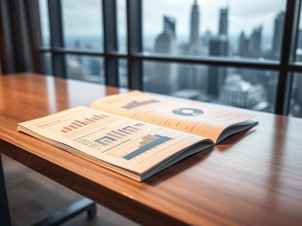 A detailed business report displayed on a sleek, modern desk. The pages are neatly organized, with clear charts and graphs highlighting key performance metrics. The lighting is soft and warm, creating a professional yet inviting atmosphere. The desk is made of polished wood, complemented by a minimalist metal frame. In the background, a blurred city skyline is visible through a large window, suggesting a high-level corporate setting. The overall composition conveys a sense of transparency, precision, and data-driven decision-making. A detailed business report displayed on a sleek, modern desk. The pages are neatly organized, with clear charts and graphs highlighting key performance metrics. The lighting is soft and warm, creating a professional yet inviting atmosphere. The desk is made of polished wood, complemented by a minimalist metal frame. In the background, a blurred city skyline is visible through a large window, suggesting a high-level corporate setting. The overall composition conveys a sense of transparency, precision, and data-driven decision-making.