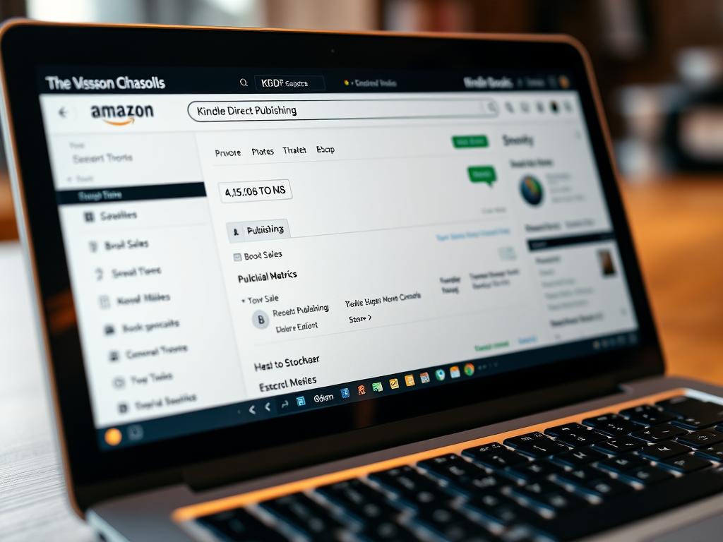 A detailed close-up view of the Amazon Kindle Direct Publishing (KDP) dashboard displayed on a laptop screen. The interface shows the various sections for managing book sales, royalties, and publishing metrics. The screen is well-lit, with a warm, inviting color palette that reflects the professionalism of the platform. The camera angle is slightly elevated, creating a sense of authority and expertise. The overall tone is one of efficiency, organization, and the empowerment of self-publishing authors.
