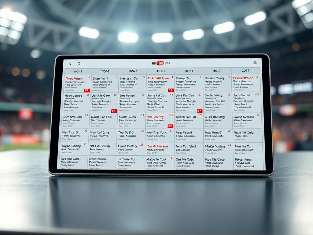A detailed digital calendar or agenda displaying a grid of upcoming sports event listings, each with a title, date, and time. The calendar is displayed on a sleek, metallic surface, with a minimalist and modern design aesthetic. The lighting is soft and diffused, creating a sense of professionalism and authority. The foreground is the calendar itself, with the middle ground showcasing the sports events, and the background featuring a blurred, out-of-focus representation of a sports stadium or arena, hinting at the events. The overall mood is one of organization, anticipation, and a focus on the future of sports streaming on YouTube. A detailed digital calendar or agenda displaying a grid of upcoming sports event listings, each with a title, date, and time. The calendar is displayed on a sleek, metallic surface, with a minimalist and modern design aesthetic. The lighting is soft and diffused, creating a sense of professionalism and authority. The foreground is the calendar itself, with the middle ground showcasing the sports events, and the background featuring a blurred, out-of-focus representation of a sports stadium or arena, hinting at the events. The overall mood is one of organization, anticipation, and a focus on the future of sports streaming on YouTube.