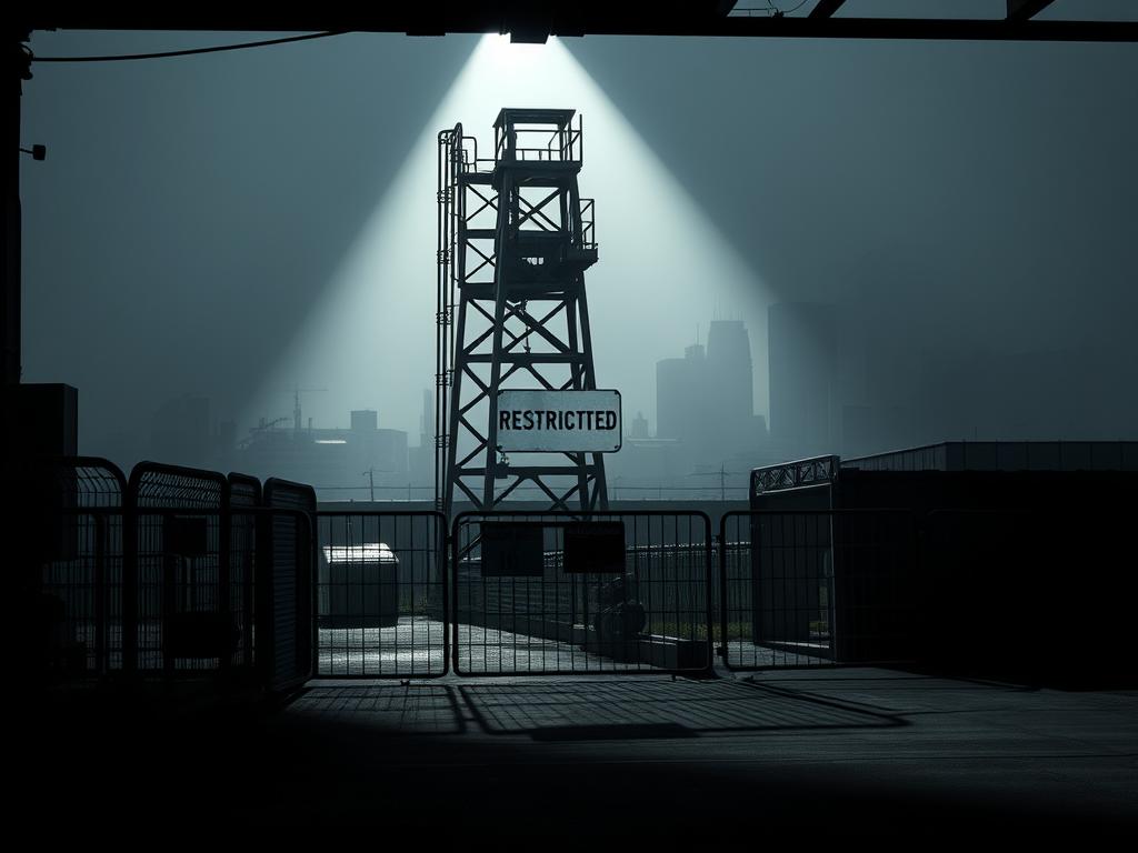 A dimly lit, industrial-style scene showcasing the concept of "restricciones". In the foreground, a series of metal fences and barricades cast long shadows, suggesting a sense of confinement and limitation. The middle ground features a towering, utilitarian structure with a prominent "RESTRICTED" sign, its imposing presence emphasizing the idea of accessibility being controlled. In the background, a hazy cityscape with a subtle color palette of grays and blues creates an overall atmosphere of seriousness and gravitas. Dramatic lighting from above casts dramatic shadows, adding a sense of tension and gravity to the scene. The overall composition conveys a sense of the rules, regulations, and barriers that can impede access or freedom. A dimly lit, industrial-style scene showcasing the concept of "restricciones". In the foreground, a series of metal fences and barricades cast long shadows, suggesting a sense of confinement and limitation. The middle ground features a towering, utilitarian structure with a prominent "RESTRICTED" sign, its imposing presence emphasizing the idea of accessibility being controlled. In the background, a hazy cityscape with a subtle color palette of grays and blues creates an overall atmosphere of seriousness and gravitas. Dramatic lighting from above casts dramatic shadows, adding a sense of tension and gravity to the scene. The overall composition conveys a sense of the rules, regulations, and barriers that can impede access or freedom.