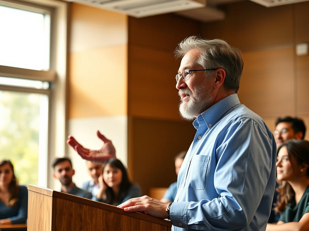 A distinguished professor standing at a classroom podium, his hand gesturing as he explains complex programming concepts to a group of attentive students. The professor's face is warm and engaging, his expression conveying a deep passion for his subject. The classroom is illuminated by natural light filtering through large windows, casting a soft, inviting glow. The students sit in neat rows, their eyes focused on the professor, eager to learn. The scene exudes an atmosphere of intellectual curiosity and a shared dedication to the art of programming. A distinguished professor standing at a classroom podium, his hand gesturing as he explains complex programming concepts to a group of attentive students. The professor's face is warm and engaging, his expression conveying a deep passion for his subject. The classroom is illuminated by natural light filtering through large windows, casting a soft, inviting glow. The students sit in neat rows, their eyes focused on the professor, eager to learn. The scene exudes an atmosphere of intellectual curiosity and a shared dedication to the art of programming.