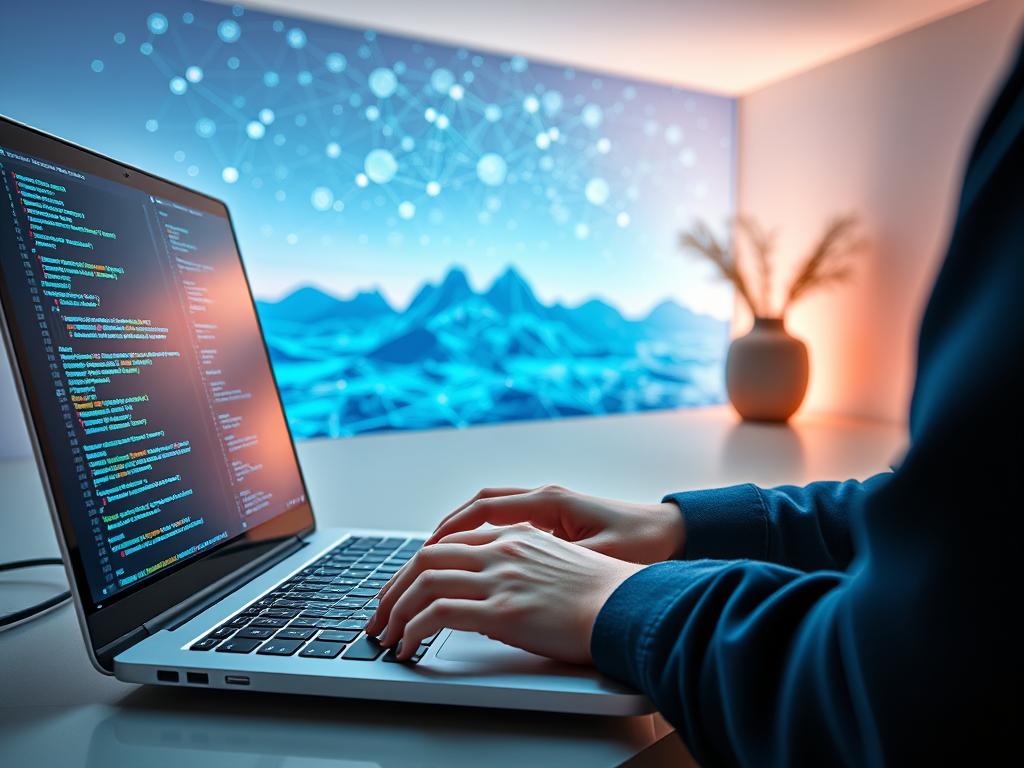 A dynamic and engaging online coding session, with a programmer immersed in a vibrant digital workspace. The foreground features the programmer's hands typing intently on a sleek laptop, the screen displaying lines of code. The middle ground showcases a virtual landscape of interconnected nodes, circuits, and data streams, reflecting the complexity and interconnectedness of programming. The background is a serene, minimalist environment with soothing colors, hinting at the focus and concentration required for effective online learning. Soft, directional lighting illuminates the scene, creating a sense of depth and atmosphere. The overall composition conveys the efficiency, productivity, and immersive nature of online programming tutorials. A dynamic and engaging online coding session, with a programmer immersed in a vibrant digital workspace. The foreground features the programmer's hands typing intently on a sleek laptop, the screen displaying lines of code. The middle ground showcases a virtual landscape of interconnected nodes, circuits, and data streams, reflecting the complexity and interconnectedness of programming. The background is a serene, minimalist environment with soothing colors, hinting at the focus and concentration required for effective online learning. Soft, directional lighting illuminates the scene, creating a sense of depth and atmosphere. The overall composition conveys the efficiency, productivity, and immersive nature of online programming tutorials.