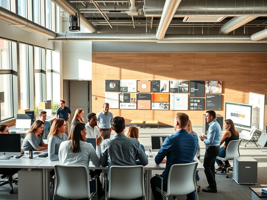 A dynamic, contemporary office space with an open-plan layout, natural light streaming in through large windows, and a diverse team of professionals collaborating at sleek, minimalist workstations. In the foreground, a group of individuals engage in a lively discussion, gesturing animatedly. The middle ground features a central conference table surrounded by comfortable seating, conveying a sense of collective decision-making. In the background, a wall-mounted display showcases the company's branding and design work, hinting at the agency's creative capabilities. The overall atmosphere exudes a blend of professionalism, innovation, and a collaborative, high-energy work environment. A dynamic, contemporary office space with an open-plan layout, natural light streaming in through large windows, and a diverse team of professionals collaborating at sleek, minimalist workstations. In the foreground, a group of individuals engage in a lively discussion, gesturing animatedly. The middle ground features a central conference table surrounded by comfortable seating, conveying a sense of collective decision-making. In the background, a wall-mounted display showcases the company's branding and design work, hinting at the agency's creative capabilities. The overall atmosphere exudes a blend of professionalism, innovation, and a collaborative, high-energy work environment.