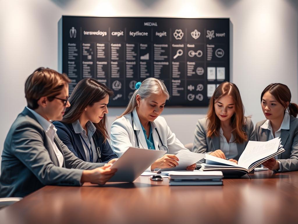 A group of medical translators sitting at a conference table, focused on their work. Soft lighting illuminates their faces as they review documents and converse. In the background, a wall-mounted display showcases medical terminology and symbols. The translators wear professional attire, exuding an air of expertise and diligence. The scene conveys the specialized nature of medical translation, distinct from interpretation, with an emphasis on accuracy, attention to detail, and the collaborative effort required to ensure high-quality medical content. A group of medical translators sitting at a conference table, focused on their work. Soft lighting illuminates their faces as they review documents and converse. In the background, a wall-mounted display showcases medical terminology and symbols. The translators wear professional attire, exuding an air of expertise and diligence. The scene conveys the specialized nature of medical translation, distinct from interpretation, with an emphasis on accuracy, attention to detail, and the collaborative effort required to ensure high-quality medical content.