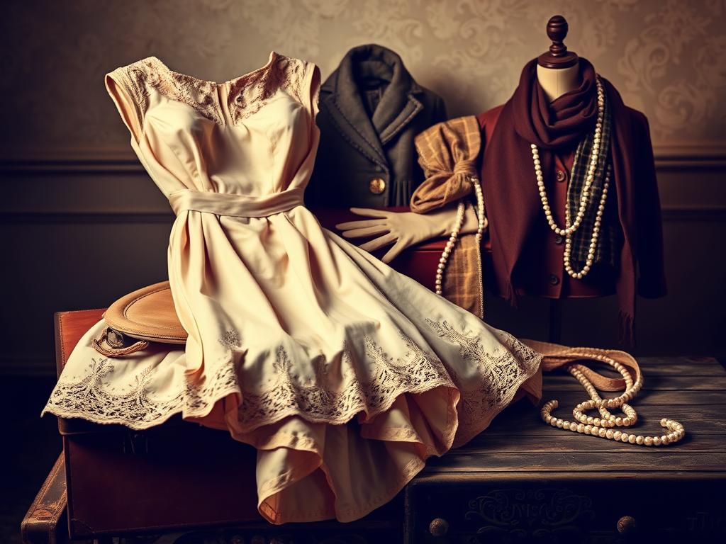 A meticulously arranged still life of vintage garments, captured in a warm, sepia-toned light. In the foreground, an elegant 1940s cocktail dress with delicate lace details, draped over a vintage hatbox. In the middle ground, a collection of well-preserved accessories - gloves, scarves, and a string of pearls - artfully displayed on a weathered wooden surface. The background features a softly blurred, textured wall, hinting at the history and character of the space. The overall composition evokes a sense of timeless sophistication and a reverence for the craftsmanship of bygone eras. A meticulously arranged still life of vintage garments, captured in a warm, sepia-toned light. In the foreground, an elegant 1940s cocktail dress with delicate lace details, draped over a vintage hatbox. In the middle ground, a collection of well-preserved accessories - gloves, scarves, and a string of pearls - artfully displayed on a weathered wooden surface. The background features a softly blurred, textured wall, hinting at the history and character of the space. The overall composition evokes a sense of timeless sophistication and a reverence for the craftsmanship of bygone eras.