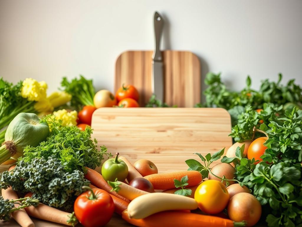 A meticulously arranged still life showcasing the essential elements of food security. In the foreground, a bountiful assortment of fresh, locally-sourced produce - crisp vegetables, ripe fruits, and aromatic herbs, all bathed in warm, natural lighting. In the middle ground, a set of gleaming kitchen tools - a sharp knife, a sturdy cutting board, and a measuring cup, symbolizing the preparation and handling of the ingredients. In the background, a serene, minimalist backdrop, perhaps a plain white wall or a simple wooden surface, allowing the vibrant colors and textures of the food to take center stage. The overall mood is one of order, cleanliness, and a commitment to responsible, sustainable food practices. A meticulously arranged still life showcasing the essential elements of food security. In the foreground, a bountiful assortment of fresh, locally-sourced produce - crisp vegetables, ripe fruits, and aromatic herbs, all bathed in warm, natural lighting. In the middle ground, a set of gleaming kitchen tools - a sharp knife, a sturdy cutting board, and a measuring cup, symbolizing the preparation and handling of the ingredients. In the background, a serene, minimalist backdrop, perhaps a plain white wall or a simple wooden surface, allowing the vibrant colors and textures of the food to take center stage. The overall mood is one of order, cleanliness, and a commitment to responsible, sustainable food practices.
