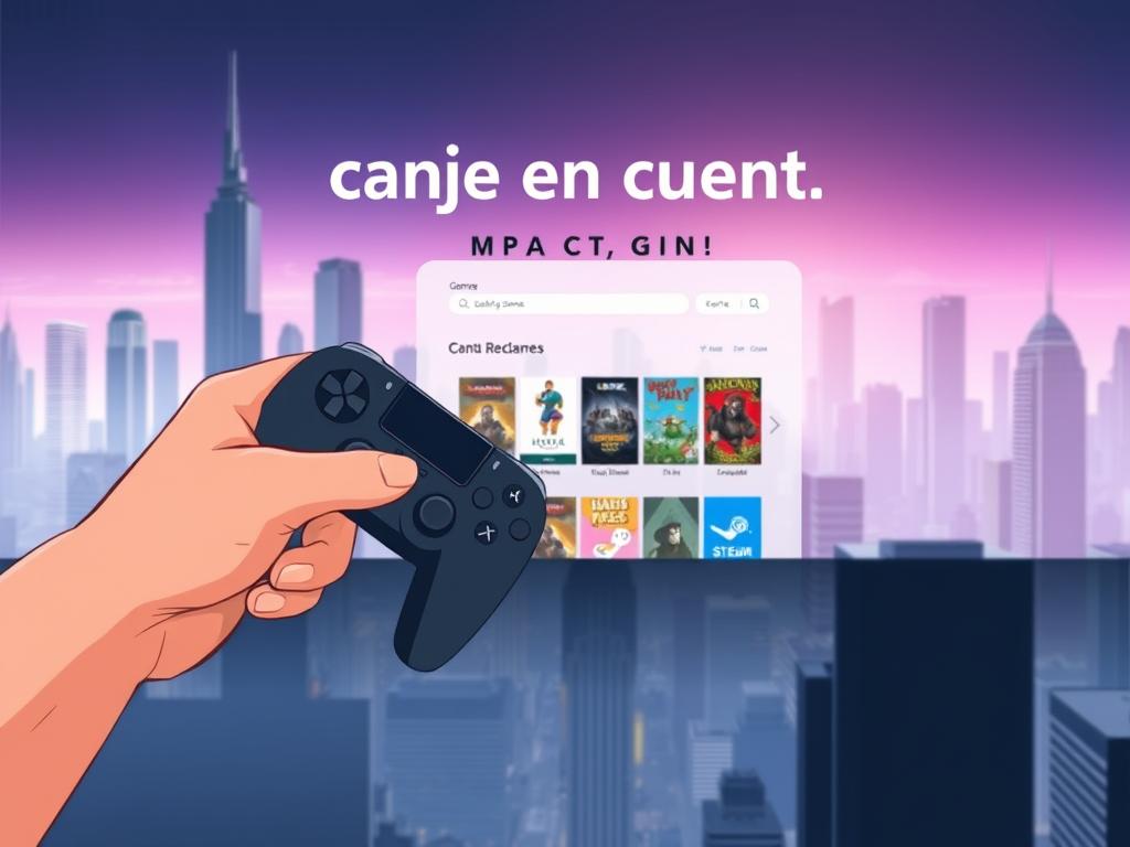 A modern and minimalistic illustration showcasing the "canje en cuenta" process. In the foreground, a hand holding a game controller, representing the user's interaction. In the middle ground, a digital storefront interface with various game tiles, symbolizing the selection and purchase of used Steam games. The background features a sleek, futuristic cityscape with skyscrapers and a vibrant, neon-infused atmosphere, conveying a sense of technological advancement and seamless digital integration. Lighting is soft and directional, creating depth and highlighting the key elements. The overall mood is one of simplicity, efficiency, and the smooth transition from the purchase to the user's game library. A modern and minimalistic illustration showcasing the "canje en cuenta" process. In the foreground, a hand holding a game controller, representing the user's interaction. In the middle ground, a digital storefront interface with various game tiles, symbolizing the selection and purchase of used Steam games. The background features a sleek, futuristic cityscape with skyscrapers and a vibrant, neon-infused atmosphere, conveying a sense of technological advancement and seamless digital integration. Lighting is soft and directional, creating depth and highlighting the key elements. The overall mood is one of simplicity, efficiency, and the smooth transition from the purchase to the user's game library.