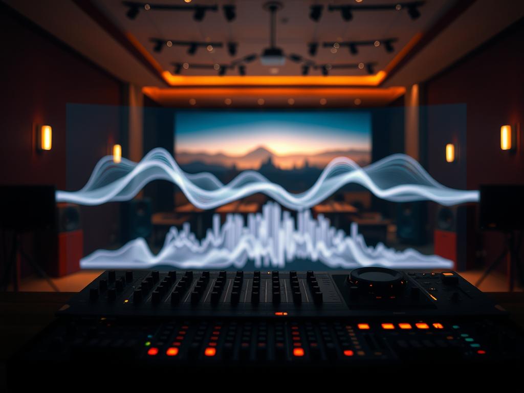 A modern audio visualization in a dimly lit room, with a sleek, minimalist audio mixer and sound equipment in the foreground. In the middle ground, a 3D representation of audio waveforms pulsing and undulating, creating a mesmerizing, immersive display. The background features a subtle, blurred landscape of a recording studio or concert hall, hinting at the broader context of the audio experience. Warm, ambient lighting casts a cozy, atmospheric glow, enhancing the sense of depth and immersion. The overall composition conveys the power and artistry of audio technology, creating a captivating, high-fidelity experience. A modern audio visualization in a dimly lit room, with a sleek, minimalist audio mixer and sound equipment in the foreground. In the middle ground, a 3D representation of audio waveforms pulsing and undulating, creating a mesmerizing, immersive display. The background features a subtle, blurred landscape of a recording studio or concert hall, hinting at the broader context of the audio experience. Warm, ambient lighting casts a cozy, atmospheric glow, enhancing the sense of depth and immersion. The overall composition conveys the power and artistry of audio technology, creating a captivating, high-fidelity experience.