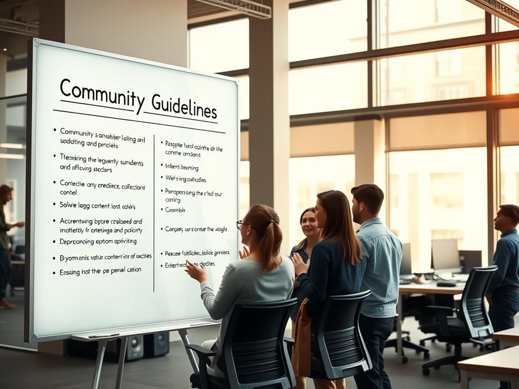 A modern office environment with a large whiteboard displaying clear community guidelines and content policies. The foreground features a group of diverse professionals animatedly discussing the policies, gesturing towards the board. The middle ground shows a sleek, minimalist workspace with ergonomic desks and chairs. The background has floor-to-ceiling windows, letting in warm, natural lighting that casts a collaborative, professional atmosphere. The overall scene conveys a sense of transparency, engagement, and a well-defined, enforced set of community standards. A modern office environment with a large whiteboard displaying clear community guidelines and content policies. The foreground features a group of diverse professionals animatedly discussing the policies, gesturing towards the board. The middle ground shows a sleek, minimalist workspace with ergonomic desks and chairs. The background has floor-to-ceiling windows, letting in warm, natural lighting that casts a collaborative, professional atmosphere. The overall scene conveys a sense of transparency, engagement, and a well-defined, enforced set of community standards.