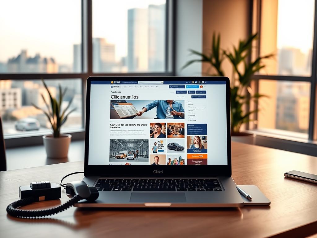 A modern office space with a clean, minimalist aesthetic. In the foreground, a desk with a laptop, phone, and a few office supplies. On the screen, a web page displaying various "clic anuncios" or pay-per-click advertisements. The middle ground features a comfortable office chair and a plant, creating a sense of balance and productivity. The background showcases large windows with a cityscape outside, bathed in warm, natural lighting. The overall scene conveys the idea of a professional, technology-driven work environment where earning money through online advertising is a viable option. A modern office space with a clean, minimalist aesthetic. In the foreground, a desk with a laptop, phone, and a few office supplies. On the screen, a web page displaying various "clic anuncios" or pay-per-click advertisements. The middle ground features a comfortable office chair and a plant, creating a sense of balance and productivity. The background showcases large windows with a cityscape outside, bathed in warm, natural lighting. The overall scene conveys the idea of a professional, technology-driven work environment where earning money through online advertising is a viable option.