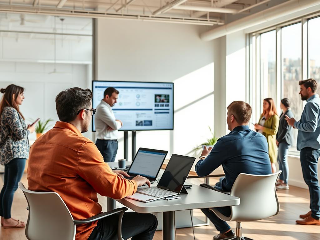 A modern office space with a group of people engaged in user testing activities. In the foreground, two individuals sit at a desk, one using a laptop while the other observes and takes notes. Behind them, a large monitor displays a user interface, and a facilitator stands nearby, guiding the session. The middle ground features additional team members observing from the sidelines, some taking notes and others discussing the process. The background showcases a well-lit, minimalist room with large windows, allowing natural light to fill the space and create a warm, productive atmosphere. The overall scene conveys a collaborative, user-centric approach to improving the user experience. A modern office space with a group of people engaged in user testing activities. In the foreground, two individuals sit at a desk, one using a laptop while the other observes and takes notes. Behind them, a large monitor displays a user interface, and a facilitator stands nearby, guiding the session. The middle ground features additional team members observing from the sidelines, some taking notes and others discussing the process. The background showcases a well-lit, minimalist room with large windows, allowing natural light to fill the space and create a warm, productive atmosphere. The overall scene conveys a collaborative, user-centric approach to improving the user experience.