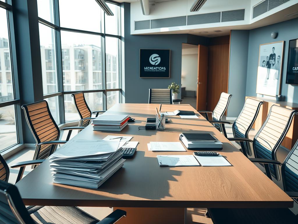 A modern, professional office setting with a large conference table surrounded by ergonomic chairs. On the table, various office supplies are neatly arranged, including a stack of documents, a calculator, and a pen holder. The room is filled with natural light streaming in through large windows, casting a warm, productive atmosphere. Subtle corporate branding elements, such as a framed company logo, adorn the walls. The overall scene conveys a sense of order, efficiency, and well-defined commercial policies, reflecting the "Políticas comerciales, pagos y condiciones de compra" theme.