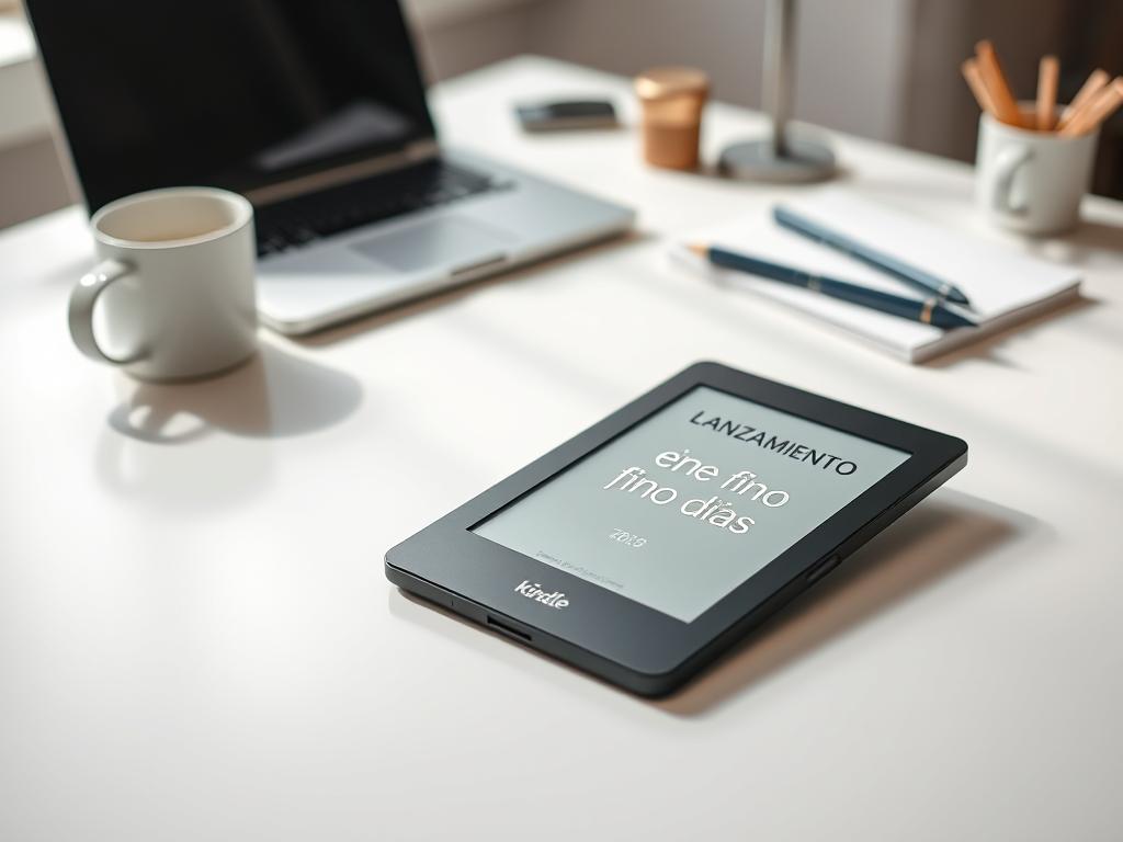 A modern, sleek e-book reader rests on a minimalist white desk, its screen displaying a countdown timer with the text "Lanzamiento en cinco días". In the background, a neatly organized workspace with a laptop, coffee mug, and a few stationery items. Soft, natural lighting illuminates the scene, creating a sense of focus and anticipation. The overall mood is one of preparation, productivity, and the excitement of an imminent launch. The image should convey the idea of a carefully planned and executed ebook release on Amazon Kindle.