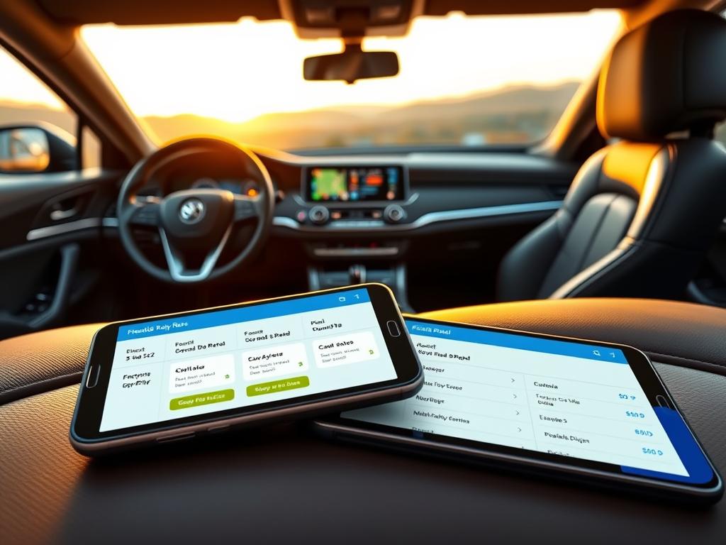 A modern, sleek rental car dashboard with a prominent display showcasing flexible daily rates and plan options. The scene is bathed in warm, golden-hour lighting, creating a cozy, inviting atmosphere. In the foreground, a smartphone or tablet lays open, revealing an intuitive interface for selecting and comparing rental plans. The middle ground features the rental car's interior, with premium leather seats and polished metal accents. The background gently blurs out, hinting at the picturesque city streets or countryside landscape outside, suggesting the freedom and possibilities of the open road. The overall composition conveys a sense of convenience, customization, and adventure - the perfect illustration for a section on tailored car rental plans. A modern, sleek rental car dashboard with a prominent display showcasing flexible daily rates and plan options. The scene is bathed in warm, golden-hour lighting, creating a cozy, inviting atmosphere. In the foreground, a smartphone or tablet lays open, revealing an intuitive interface for selecting and comparing rental plans. The middle ground features the rental car's interior, with premium leather seats and polished metal accents. The background gently blurs out, hinting at the picturesque city streets or countryside landscape outside, suggesting the freedom and possibilities of the open road. The overall composition conveys a sense of convenience, customization, and adventure - the perfect illustration for a section on tailored car rental plans.