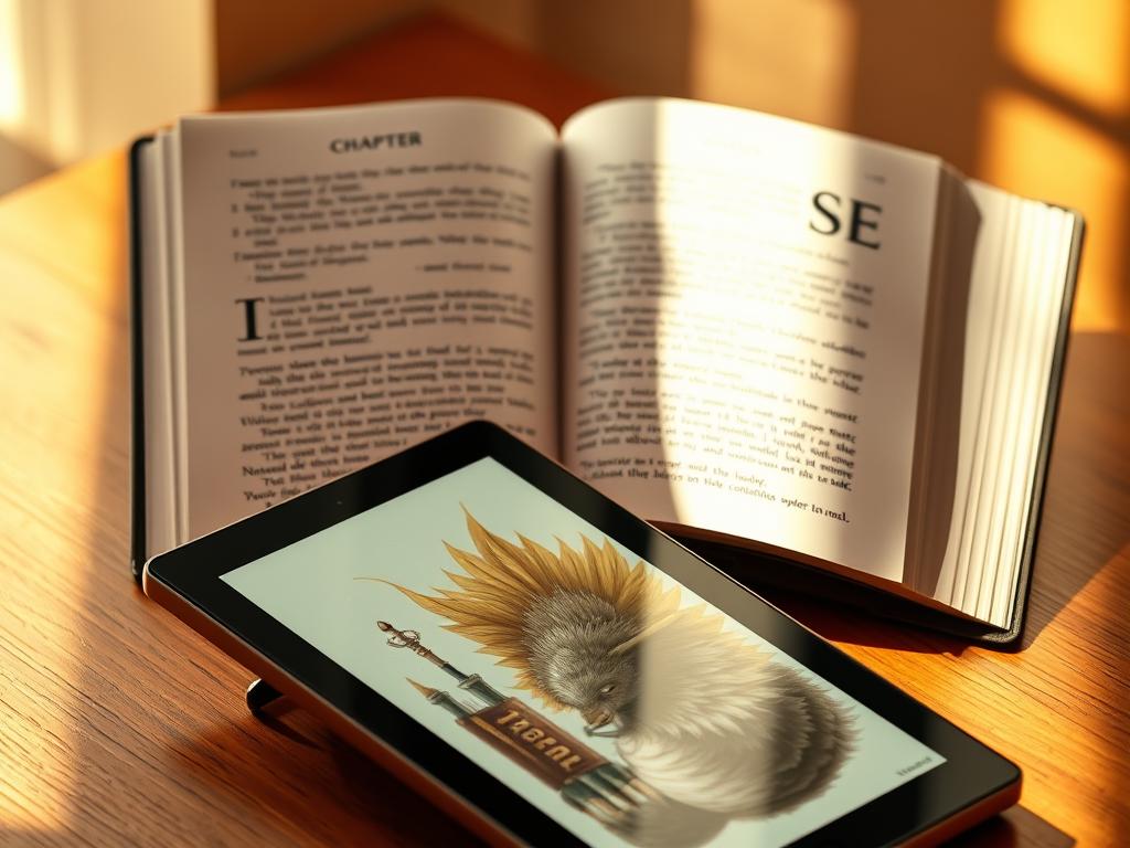 A neatly organized ebook on a wooden desk, illuminated by soft, warm lighting. The open pages reveal crisp, well-formatted text and elegant chapter headings, with ample white space for easy reading. In the foreground, a high-quality digital tablet displays the ebook's cover design, featuring a captivating illustration that complements the book's subject matter. The overall scene conveys a sense of professionalism, attention to detail, and a dedication to providing an exceptional reading experience.