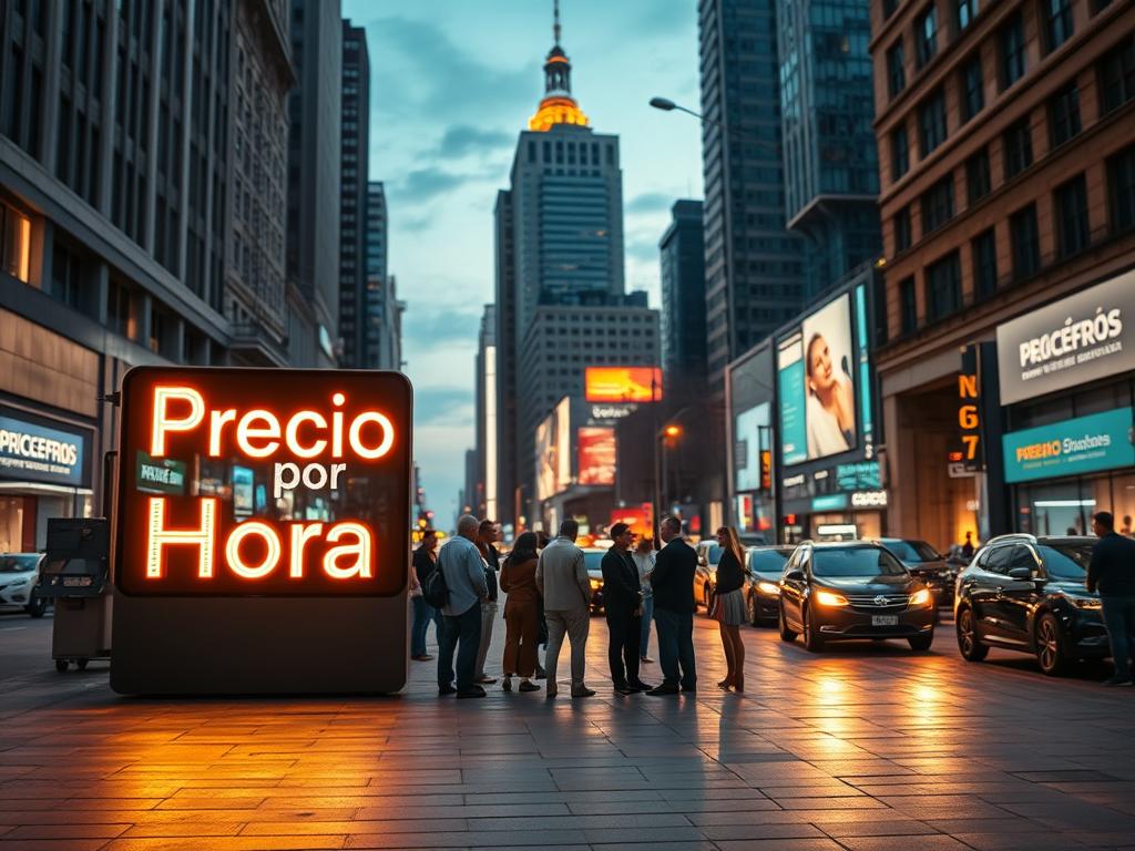 A neon-lit city street in the heart of Buenos Aires, Argentina. The foreground features a large, illuminated sign displaying the text "Precio por Hora" in a sleek, modern font. The sign is positioned prominently, casting a warm glow across the pavement. In the middle ground, a group of people are gathered, discussing programming topics and rates. The background is filled with the bustling activity of the city, with towering skyscrapers, busy traffic, and the vibrant energy of the local culture. The lighting is a mix of warm, golden tones and cool, bluish hues, creating a dynamic and visually striking scene. A neon-lit city street in the heart of Buenos Aires, Argentina. The foreground features a large, illuminated sign displaying the text "Precio por Hora" in a sleek, modern font. The sign is positioned prominently, casting a warm glow across the pavement. In the middle ground, a group of people are gathered, discussing programming topics and rates. The background is filled with the bustling activity of the city, with towering skyscrapers, busy traffic, and the vibrant energy of the local culture. The lighting is a mix of warm, golden tones and cool, bluish hues, creating a dynamic and visually striking scene.
