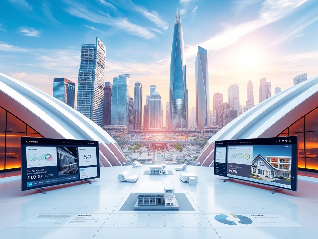 A panoramic view of modern digital real estate platforms, showcased against a backdrop of sleek architectural forms and a vibrant, futuristic cityscape. The foreground features a clean, minimalist interface with intuitive navigation tools and data visualizations, reflecting the platforms' commitment to user-friendly experiences. The middle ground comprises various architectural renderings and 3D models of properties, highlighting the platforms' comprehensive real estate offerings. In the background, a gleaming, high-rise skyline sets the tone for the progressive, technologically-advanced nature of the digital real estate industry. The overall scene conveys a sense of innovation, efficiency, and the seamless integration of technology into the real estate decision-making process. A panoramic view of modern digital real estate platforms, showcased against a backdrop of sleek architectural forms and a vibrant, futuristic cityscape. The foreground features a clean, minimalist interface with intuitive navigation tools and data visualizations, reflecting the platforms' commitment to user-friendly experiences. The middle ground comprises various architectural renderings and 3D models of properties, highlighting the platforms' comprehensive real estate offerings. In the background, a gleaming, high-rise skyline sets the tone for the progressive, technologically-advanced nature of the digital real estate industry. The overall scene conveys a sense of innovation, efficiency, and the seamless integration of technology into the real estate decision-making process.
