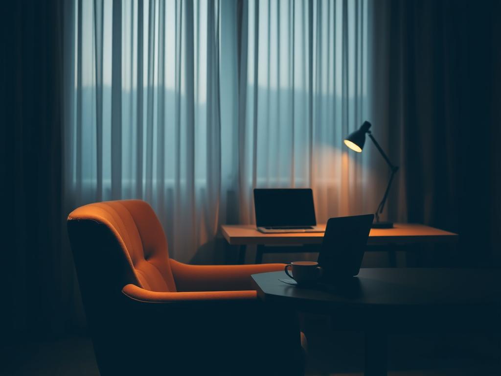 A peaceful, serene scene of privacy and confidentiality. A cozy, dimly lit room with warm lighting, inviting the viewer to feel a sense of tranquility and security. In the foreground, a plush armchair sits in front of a large window, partially obscured by sheer white curtains, allowing a soft, diffused natural light to filter in. In the middle ground, a sleek, minimalist wooden desk holds a laptop and a cup of steaming tea, suggesting a professional, yet intimate work environment. The background fades into a muted, neutral color palette, creating a calming, contemplative atmosphere. The overall impression is one of privacy, focus, and the protection of sensitive information.