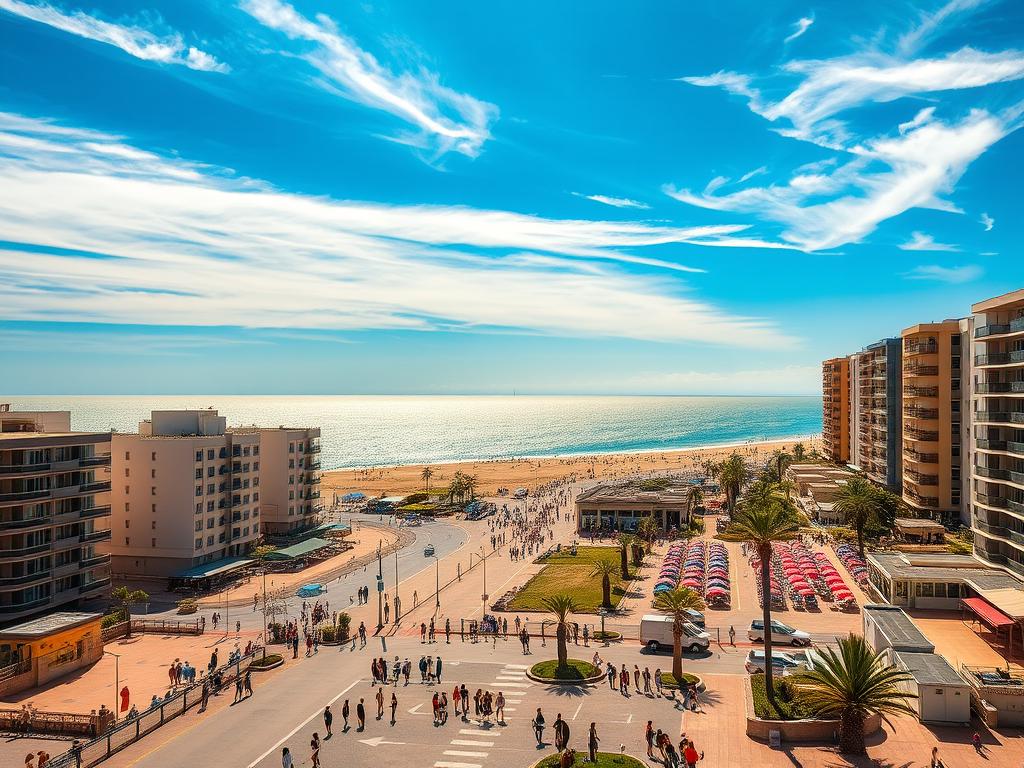 A picturesque seaside town nestled along the Atlantic coast, Mar del Plata showcases an abundance of available beachfront apartments during the peak tourist season. Capture the essence of this vibrant summer destination with a sweeping vista of sun-drenched buildings, bustling promenades, and a sparkling blue ocean in the background. Utilize a wide-angle lens to emphasize the expansive, inviting atmosphere, illuminated by warm, golden sunlight filtering through wispy clouds. Convey a sense of tranquility and relaxation, with people strolling along the boardwalk or lounging on the sandy shores. Incorporate details like colorful umbrellas, palm trees, and modern high-rise complexes to accentuate the versatile availability of seasonal accommodations.