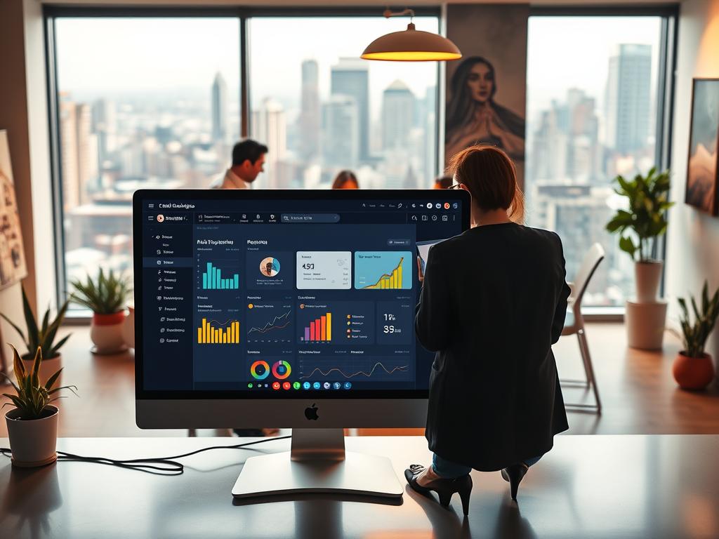 A professional and visually engaging image of "chat email marketing" for the article section "Acompañamiento experto, soporte local y próximos pasos": A vibrant and modern office workspace with a large window overlooking a bustling city skyline. In the foreground, a sleek desktop computer displays an email campaign dashboard, with colorful charts, graphs, and data visualizations. In the middle ground, a team of professionals collaborate around a conference table, discussing strategy and analyzing campaign performance on their laptops and tablets. The background features a minimalist decor with potted plants, contemporary art pieces, and warm, directional lighting that casts a productive and focused atmosphere. A professional and visually engaging image of "chat email marketing" for the article section "Acompañamiento experto, soporte local y próximos pasos": A vibrant and modern office workspace with a large window overlooking a bustling city skyline. In the foreground, a sleek desktop computer displays an email campaign dashboard, with colorful charts, graphs, and data visualizations. In the middle ground, a team of professionals collaborate around a conference table, discussing strategy and analyzing campaign performance on their laptops and tablets. The background features a minimalist decor with potted plants, contemporary art pieces, and warm, directional lighting that casts a productive and focused atmosphere.