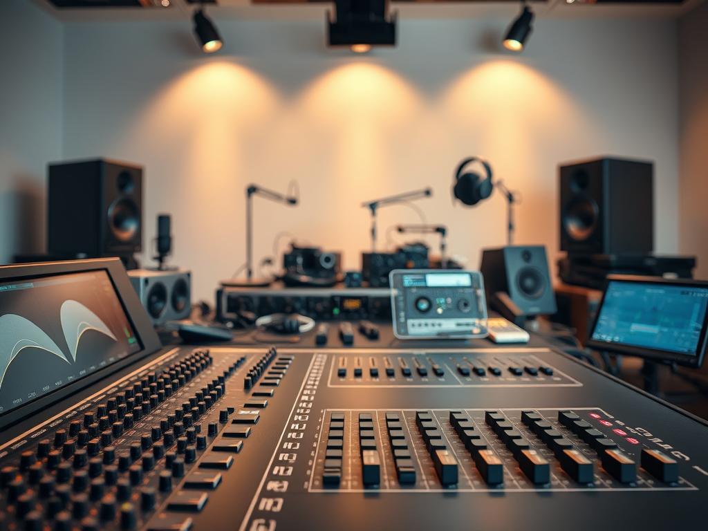 A professional, high-end audio editing suite set against a clean, minimalist backdrop. In the foreground, a sleek, modern DAW (digital audio workstation) interface with precision controls, faders, and visual meters. Warm, directional lighting accentuates the textures and materials, creating a sense of depth and focus. In the middle ground, various audio processing devices and accessories, such as microphones, headphones, and audio interfaces, arranged neatly. The background features a simple, uncluttered environment, perhaps an office or studio setting, with subtle hints of technology and creativity. The overall atmosphere conveys a sense of sophistication, efficiency, and dedication to the craft of podcast editing.